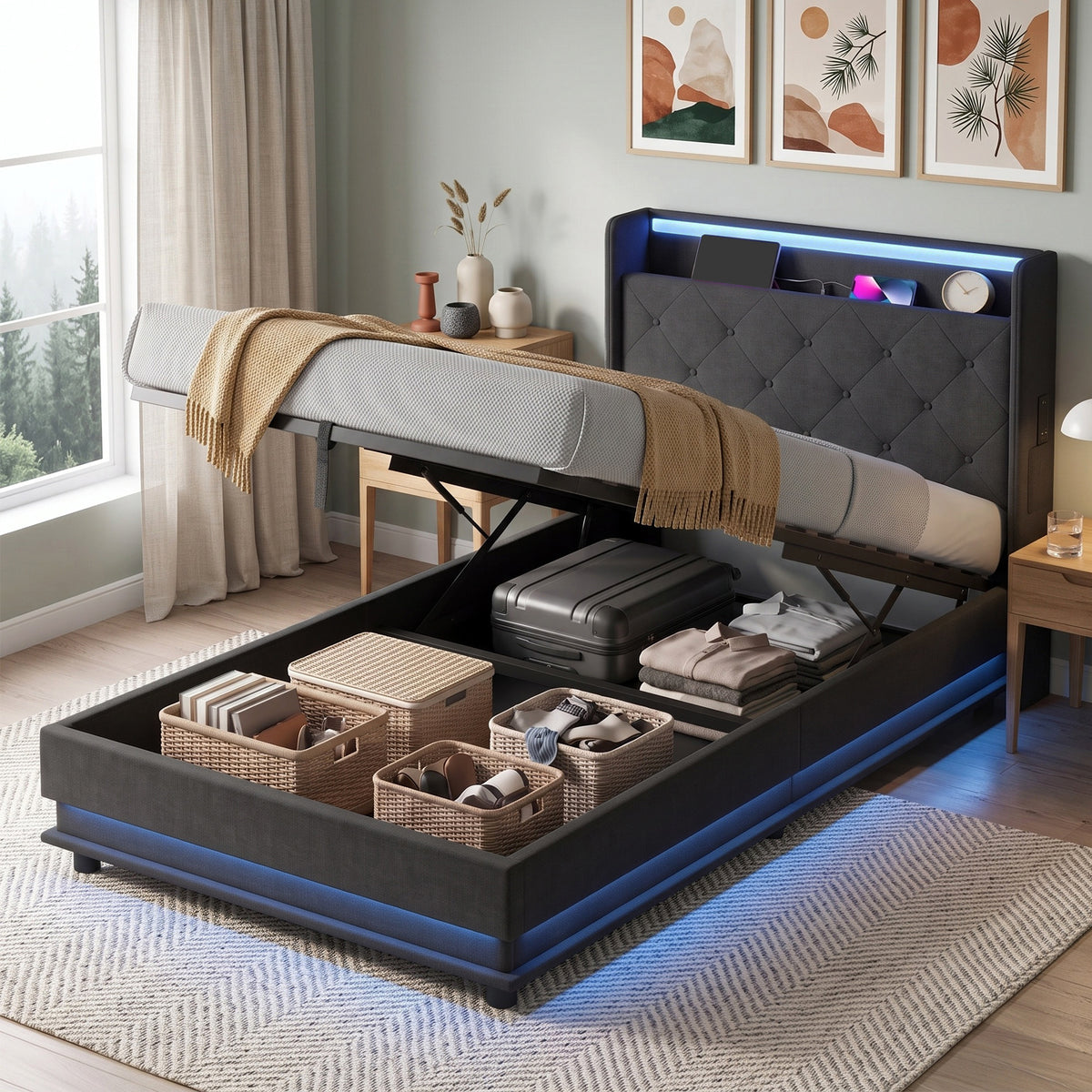 HOMCOM 3ft Single Bed Frame with Headboard, Platform Bed Frame with Hydraulic Storage, LED Lights and Charging Station, Black