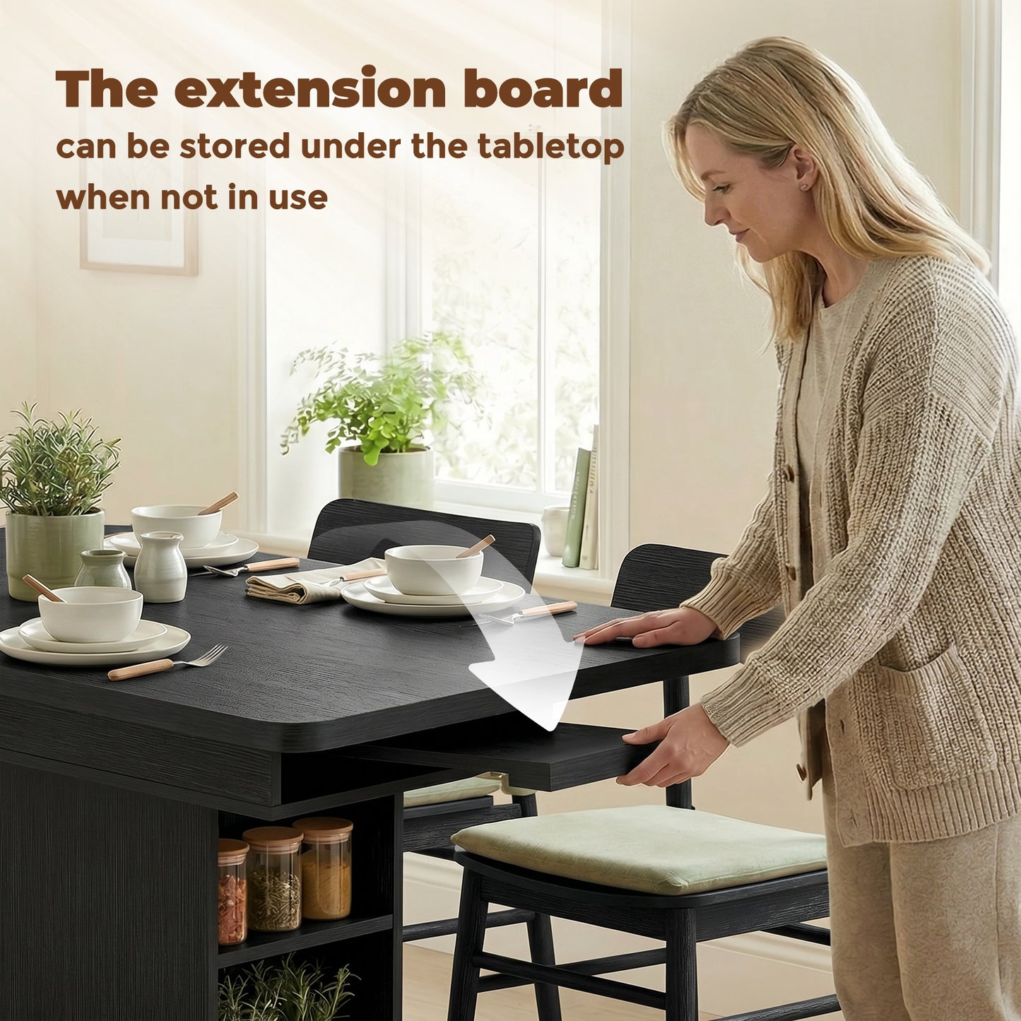 HOMCOM Extendable Dining Table for 4-6 People, 110-130cm Kitchen Table with 6 Open Shelves, Black