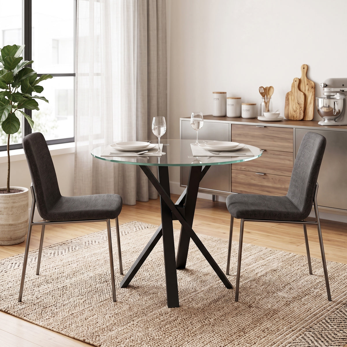 HOMCOM Round Dining Table for 4, 80cm Modern Kitchen Table with Tempered Glass Top and Cross Steel Legs, Clear