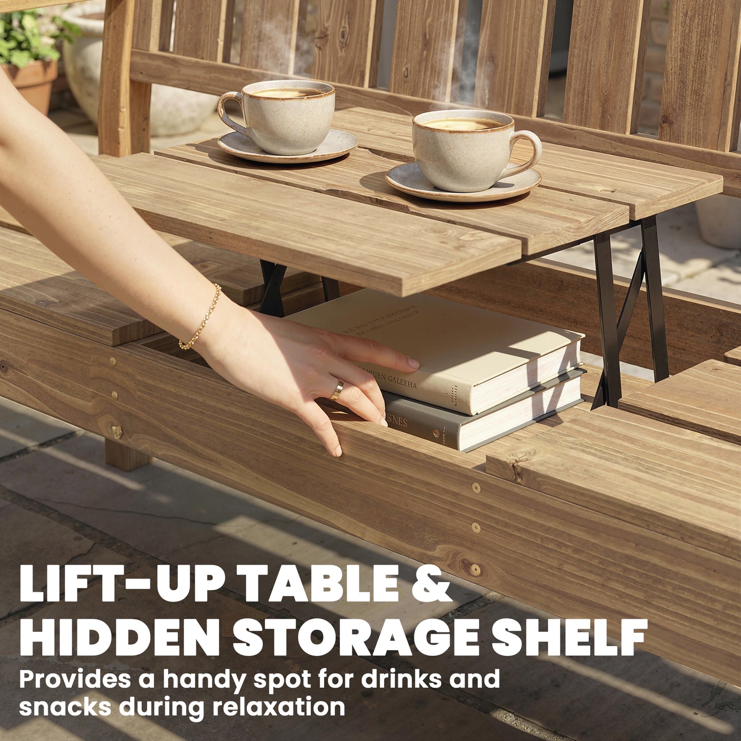 Outsunny Wooden Garden Bench with Liftable Table & Shelf, 2-3-Seater Outdoor Loveseat with Fir Wood Frame, Teak
