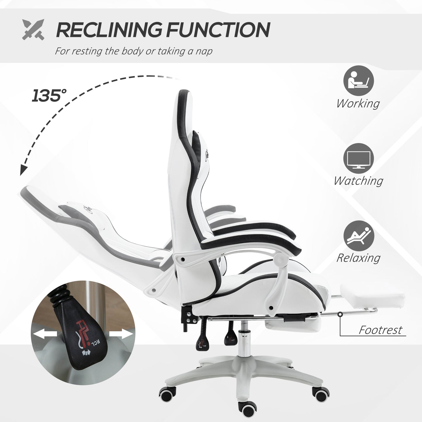 Vinsetto Computer Gaming Chair, PU Leather Office Desk Chair with Footrest, Swivel Wheels, 135Â° Reclining Back, Lumbar Support, Headrest for Home, White and Black
