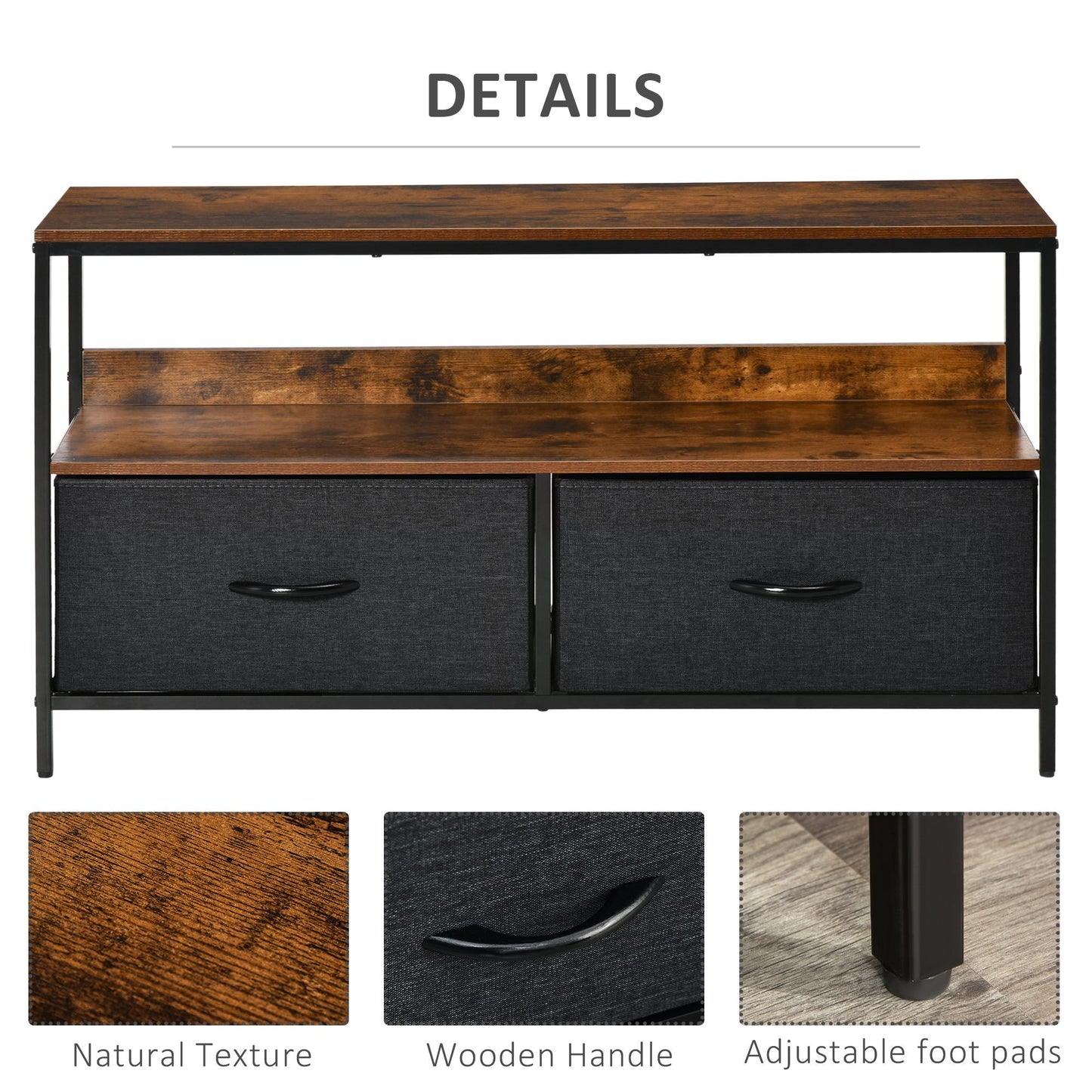 HOMCOM TV Stand Cabinet with 2 Foldable Drawers - Rustic Brown