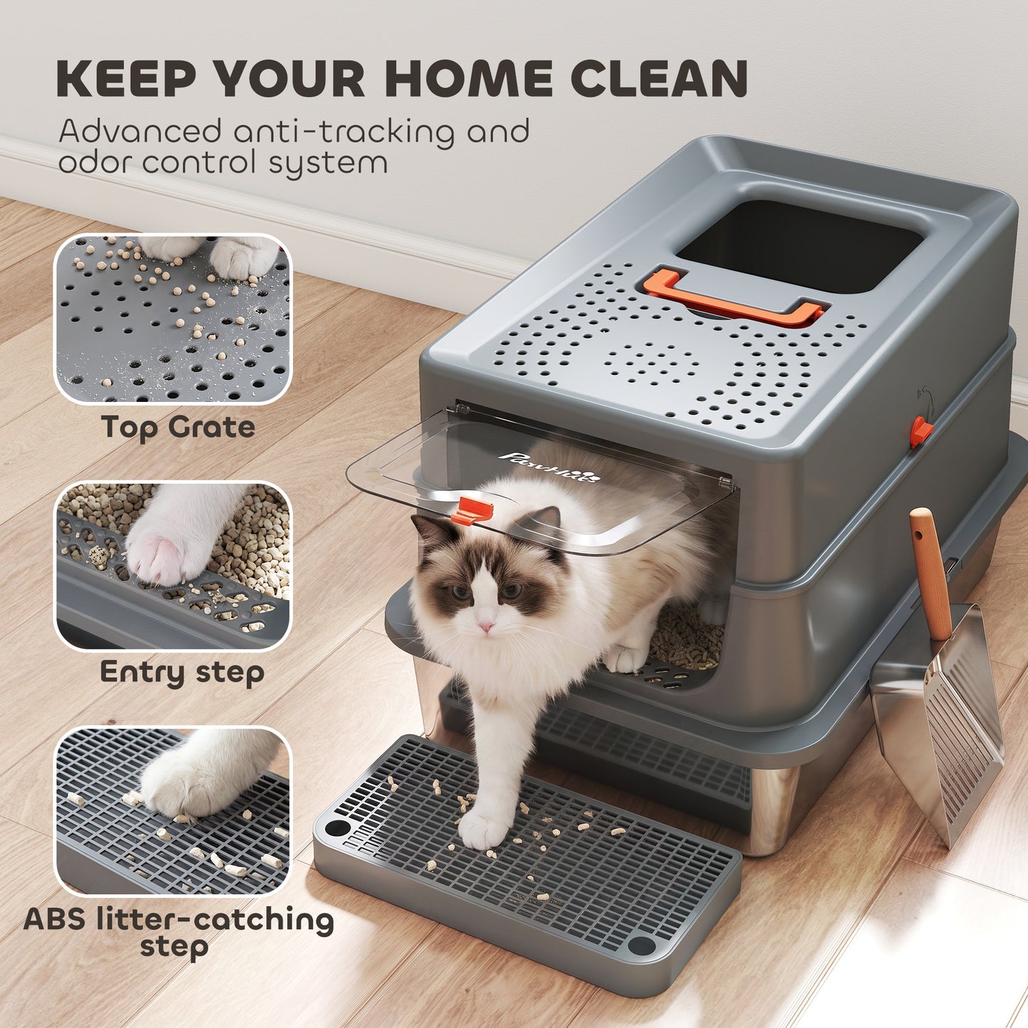 PawHut Stainless Steel Cat Litter Tray with Lid, XL 90L Enclosed Cat Litter Box with Step, Scoop, High Side, Dark Grey
