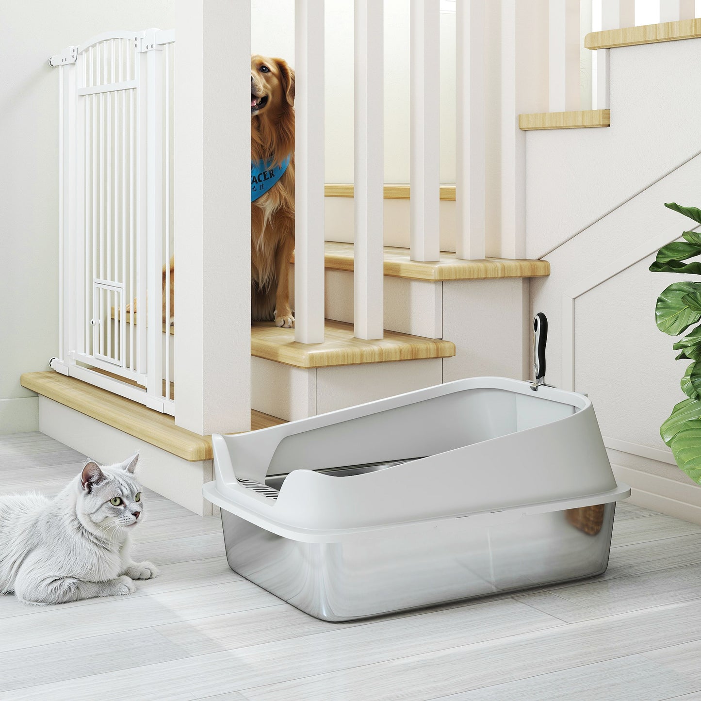 PawHut XL Stainless Steel Cat Litter Box with High Sides, Metal Scoop, 60 x 40 x 30 cm