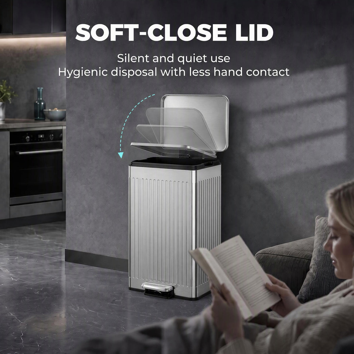 HOMCOM 50L Kitchen Bin, Pedal Bin with Soft-Close and Stay-Open Lid, Removable Inner Bucket, Silver Tone