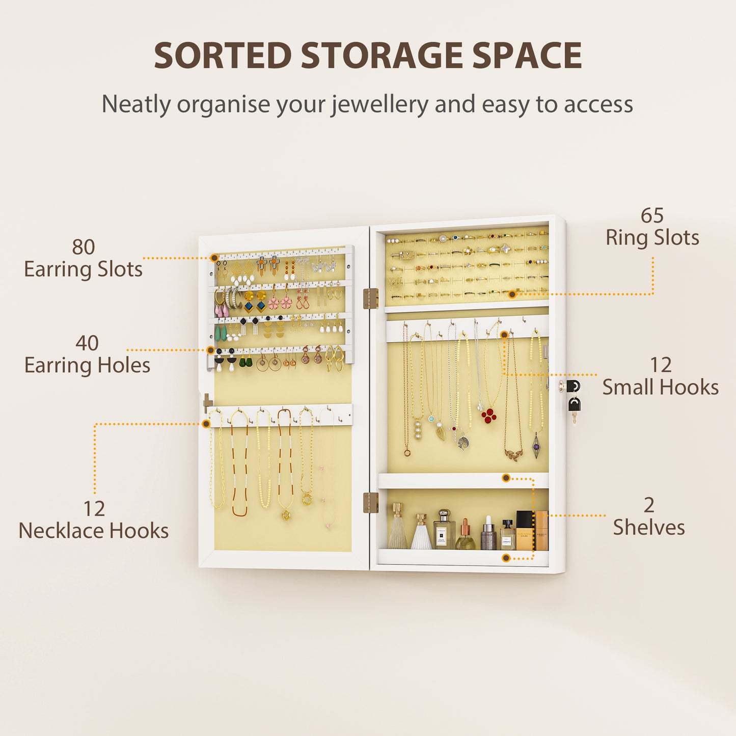  and store your accessories all in one place. Perfect for saving space and adding convenience.</li><li>Complete Organization: The jewelry armoire offers a well-arranged interior with 80 slots for earrings