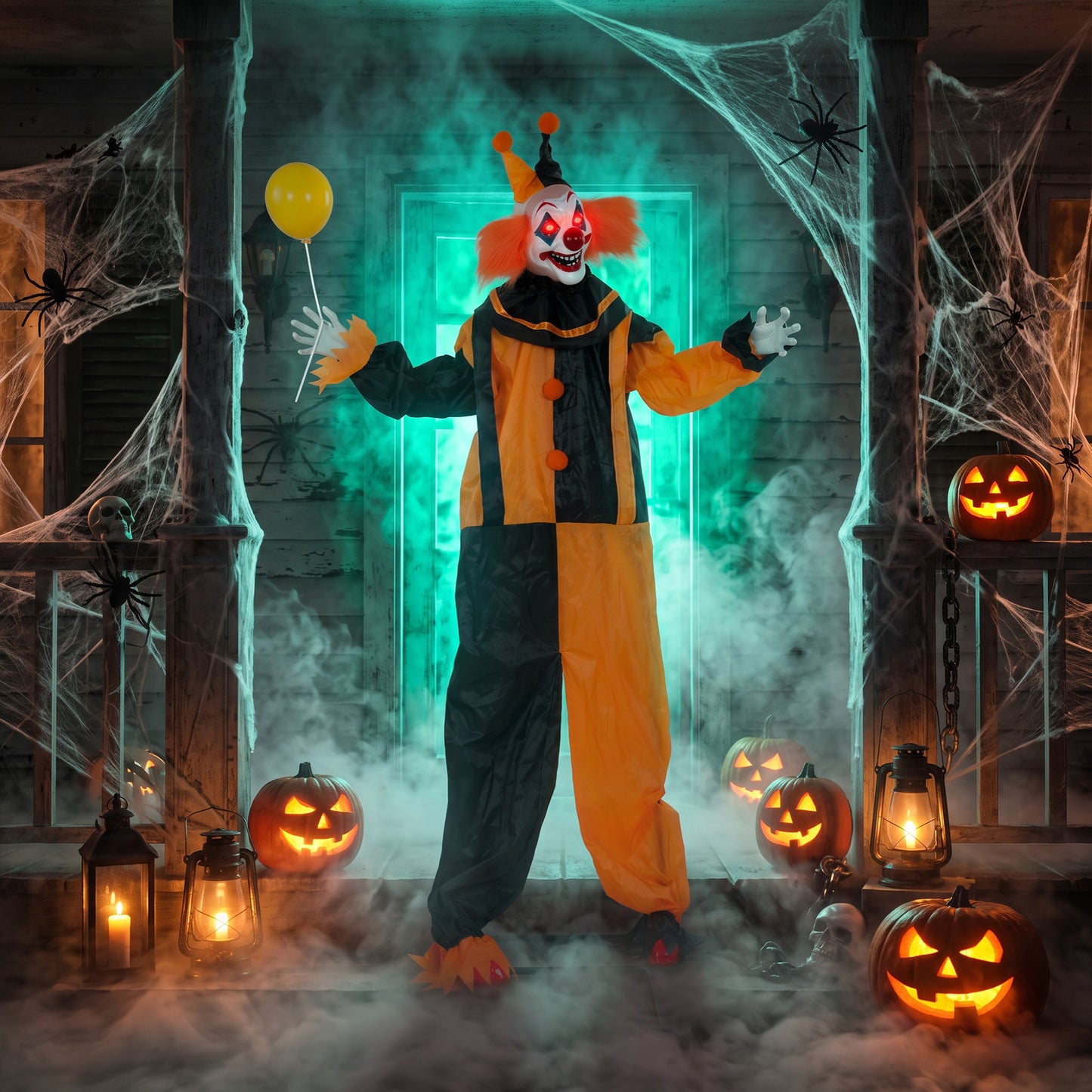 HOMCOM 190cm Life Size Animated Clown Halloween Decoration, Scary Halloween Animatronics Decor with Sound Touch Activated