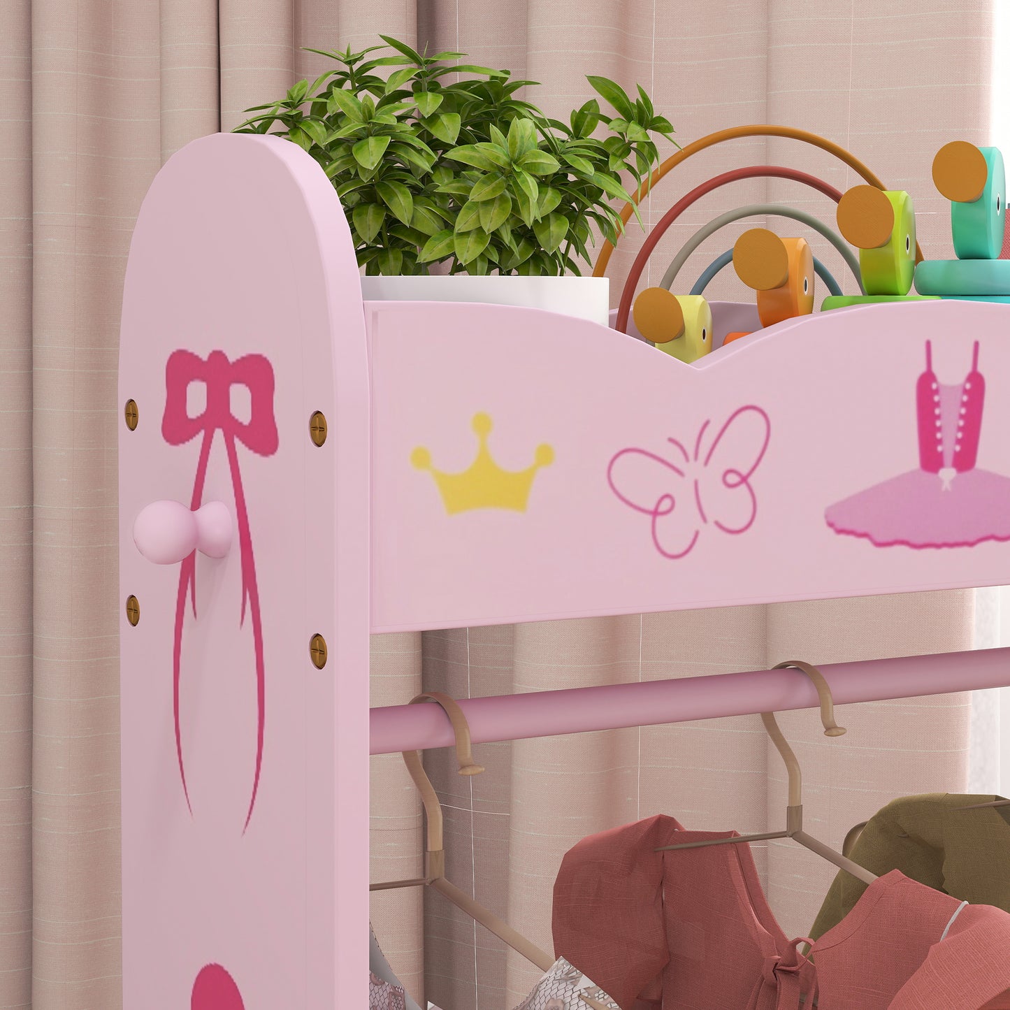 AIYAPLAY Kids Clothes Rail, Kids Dressing Mirror with 360° Rotating, 2 Piece Kids Furniture Set with Storage Shelves, Pink