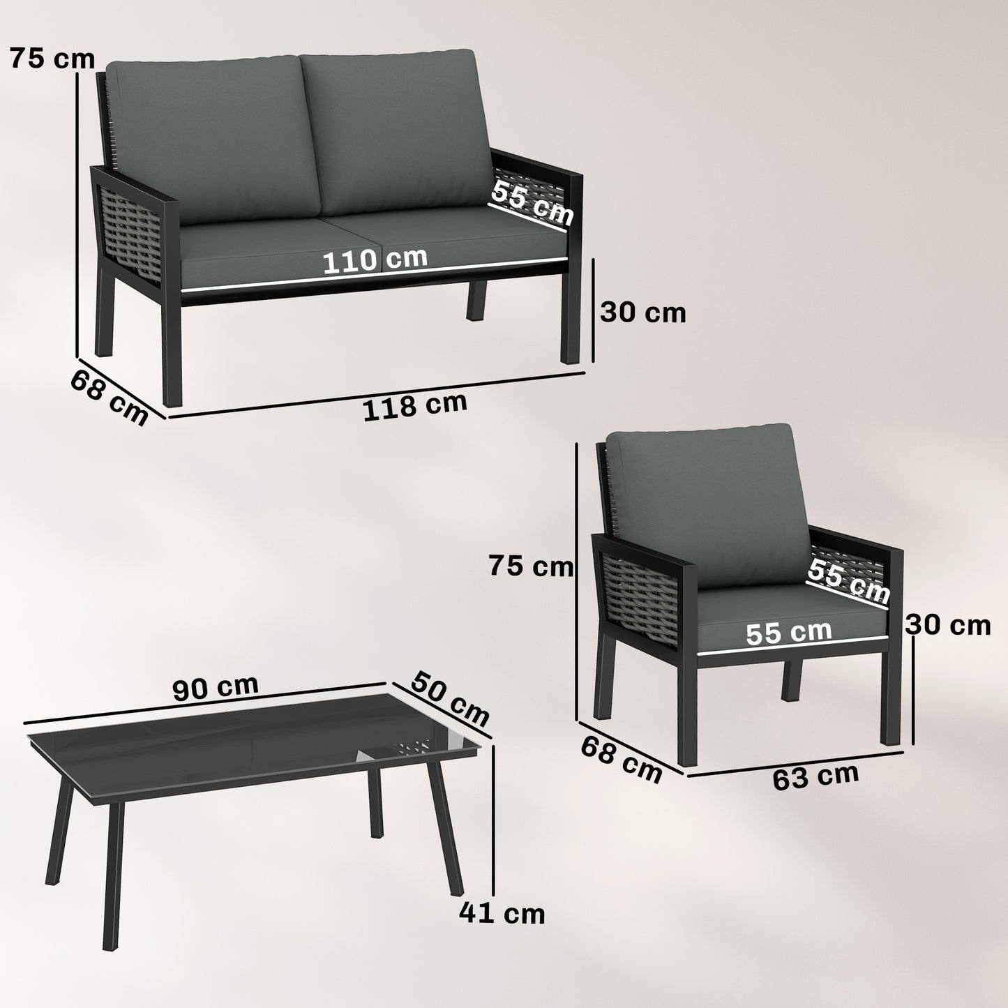 Outsunny 4 Seater Rattan Garden Furniture Set with 2 Armchairs, Loveseat, Coffee Table, Garden Sofa Set with Cushions, Dark Grey