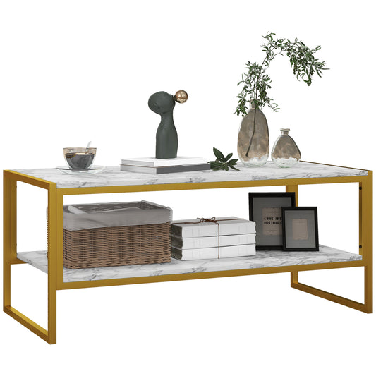 HOMCOM Coffee Table, Two-Tier Faux Marble Effect Centre Table with Metal Frame and Storage Shelf for Living Room, 106 x 50 x 45cm, White
