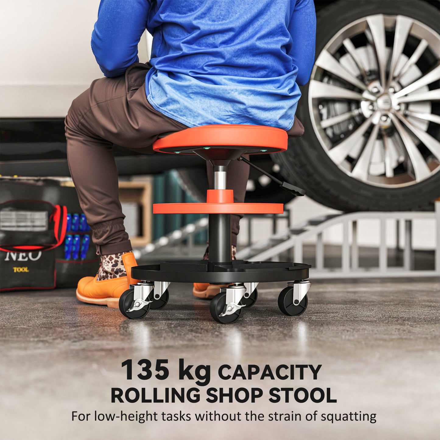 HOMCOM Rolling Mechanic Stool, 135kg Capacity Workshop Stool, 360° Swivel Roller Padded Creeper Seat with Wheels, Tool Trays Storage for Garage, Shop, Auto Repair, Yellow