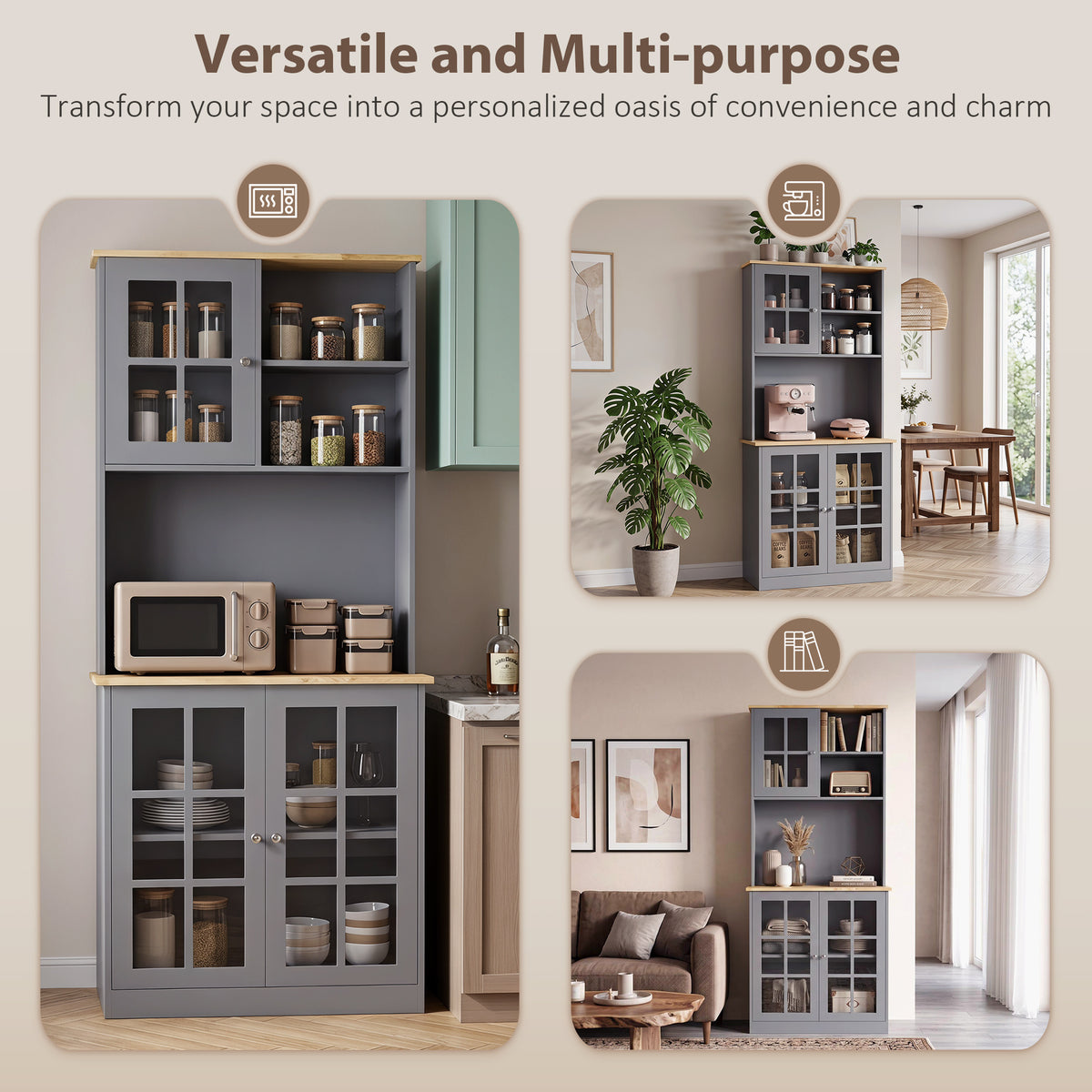 HOMCOM Kitchen Pantry, Buffet Hutch with 3 Storage Cabinets, 2 Open Shelves and Large Countertop for Kitchen, Grey