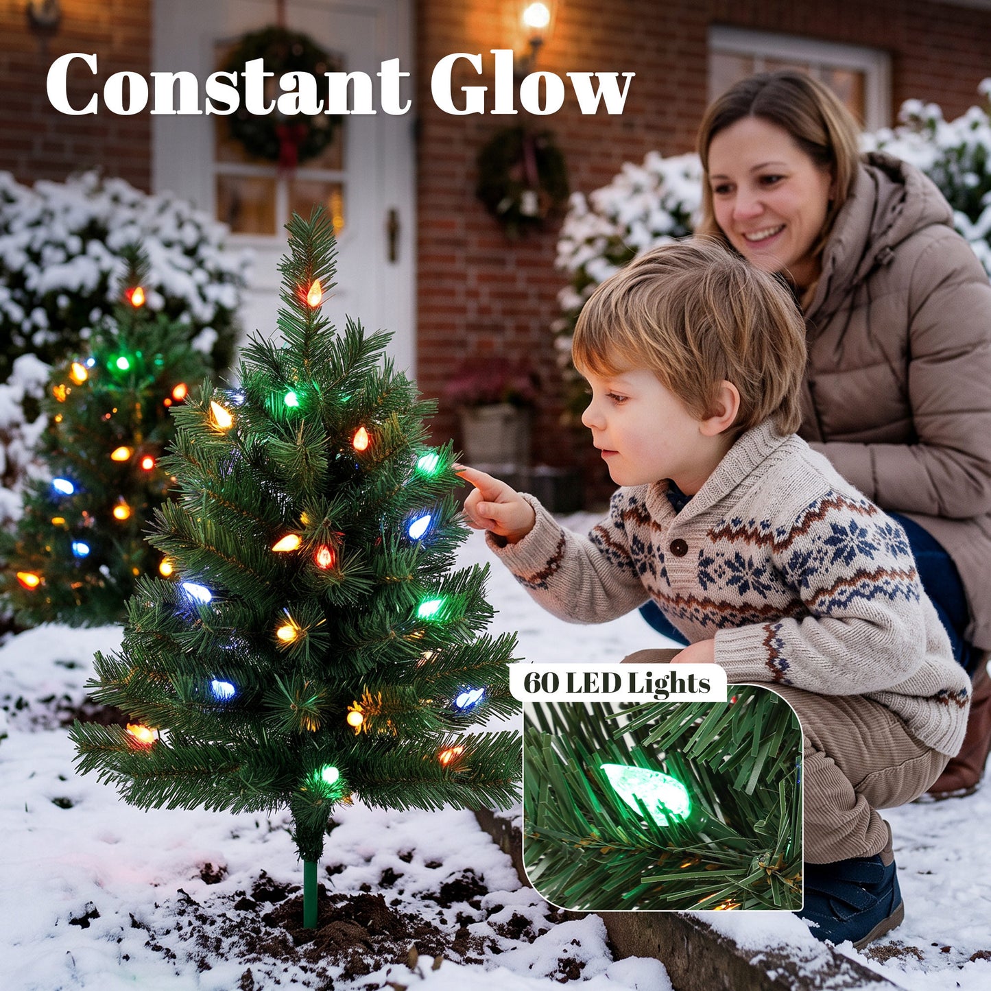 HOMCOM 60 cm Prelit Christmas Tree, 2 Packs Artificial Christmas Trees with 60 Colourful LED Lights, 130 Tips, Green