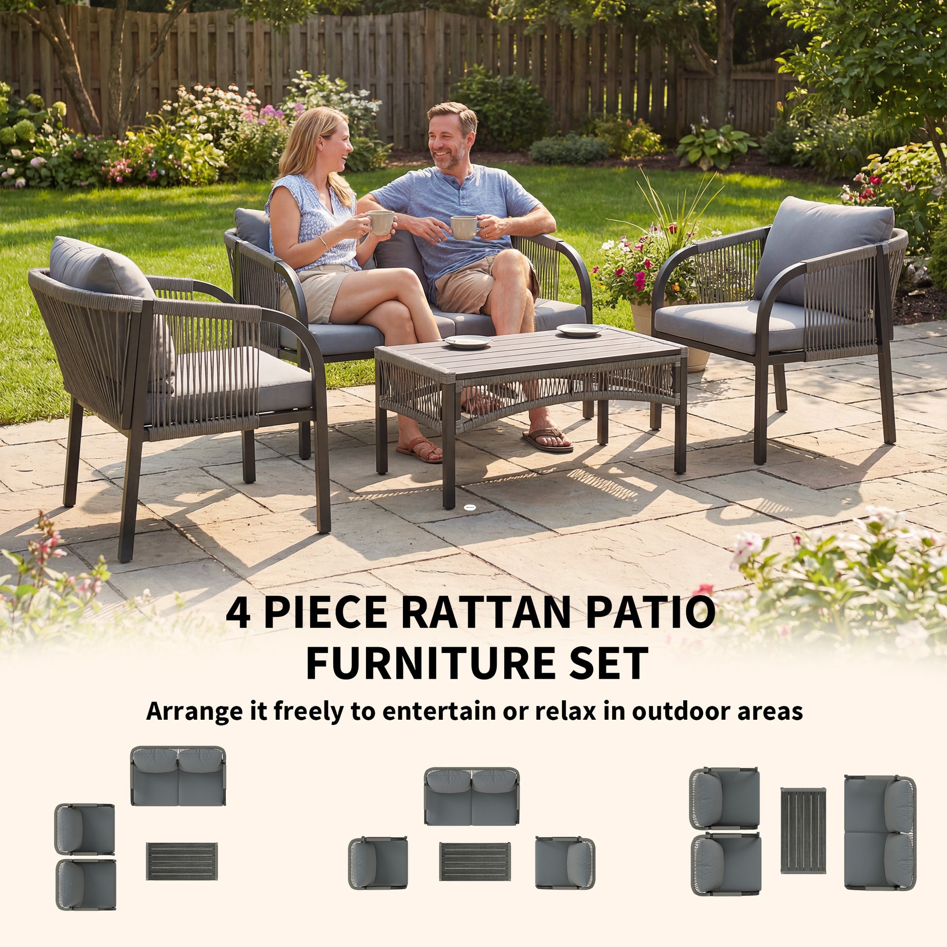 Outsunny 4 Piece Rattan Garden Furniture Set with Loveseat, Armchairs, Table, Steel Frame Wicker Patio Conversation Set, Grey