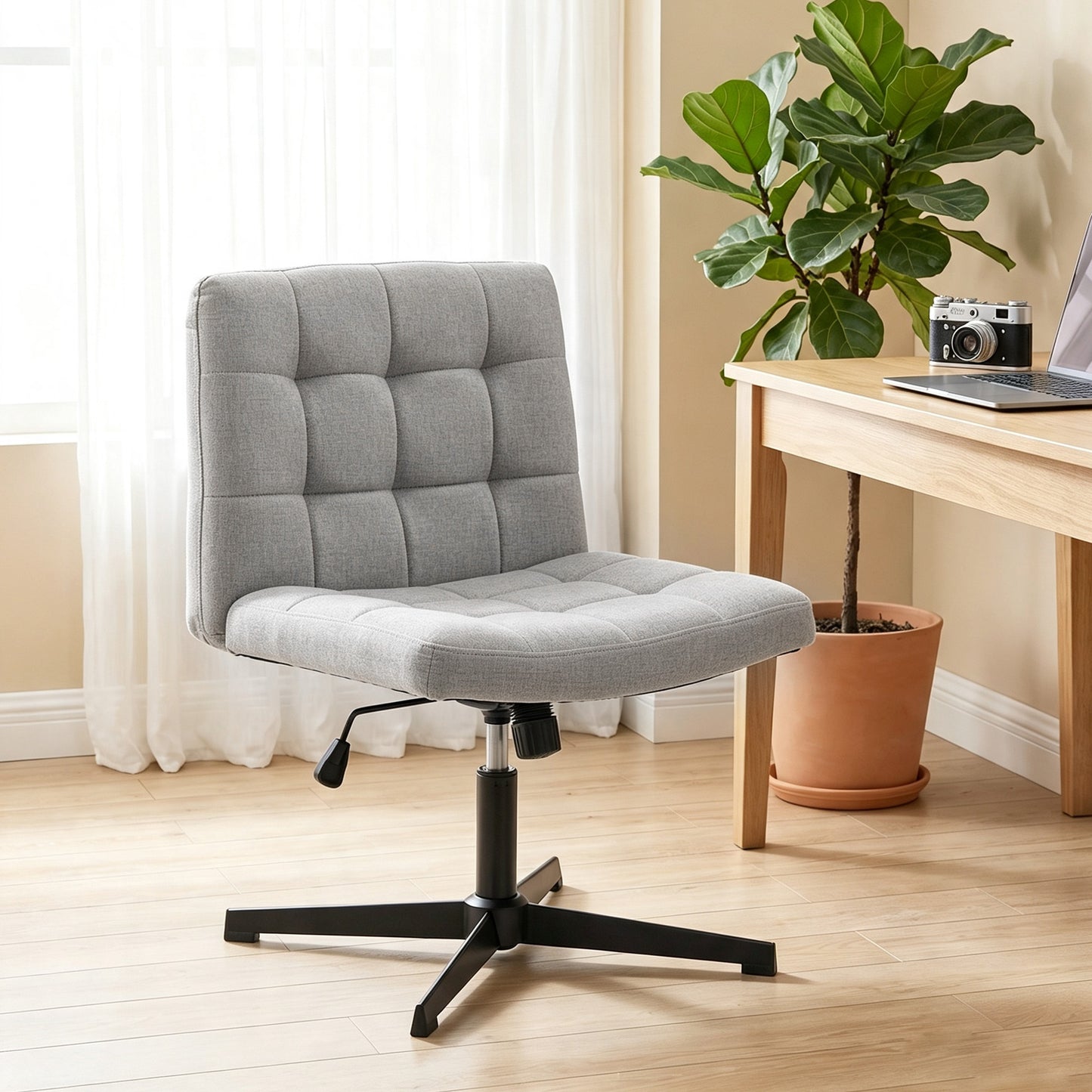 HOMCOM Armless Office Chair, Cross Legged Linen Computer Desk Vanity Chair with Wide Seat, Rocking Function, Grey