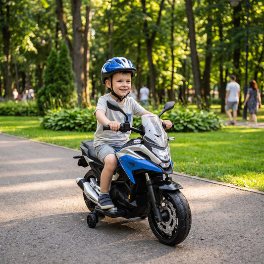 AIYAPLAY Licensed Honda 12V Kids Electric Motorbike with Training Wheels, Soft Start, Headlights, Music for 3-6 Years, Blue