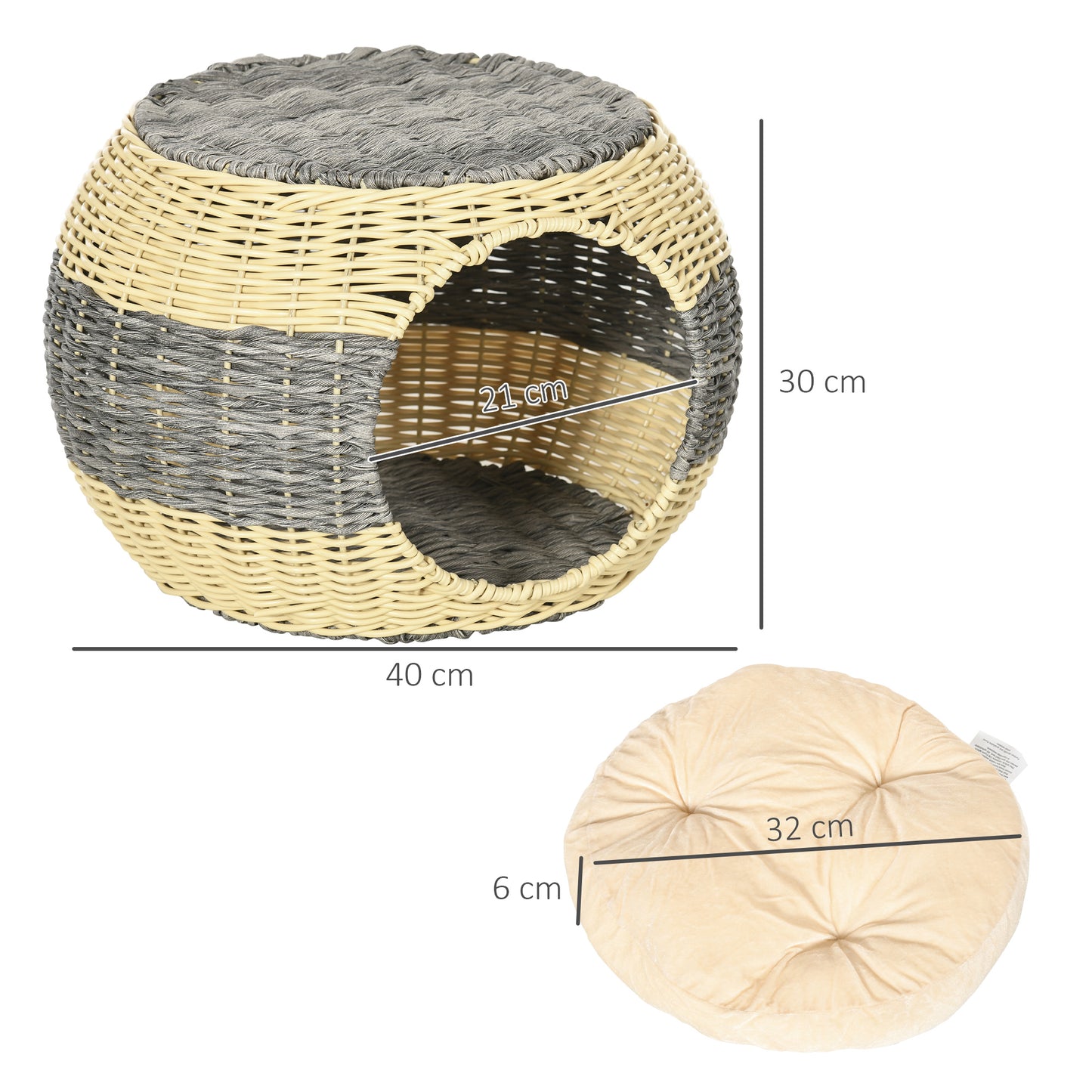PawHut Wicker Cat House, Rattan Raised Cat Bed, Cosy Kitten Cave with Soft Washable Cushion, Î¦40 x 30cm