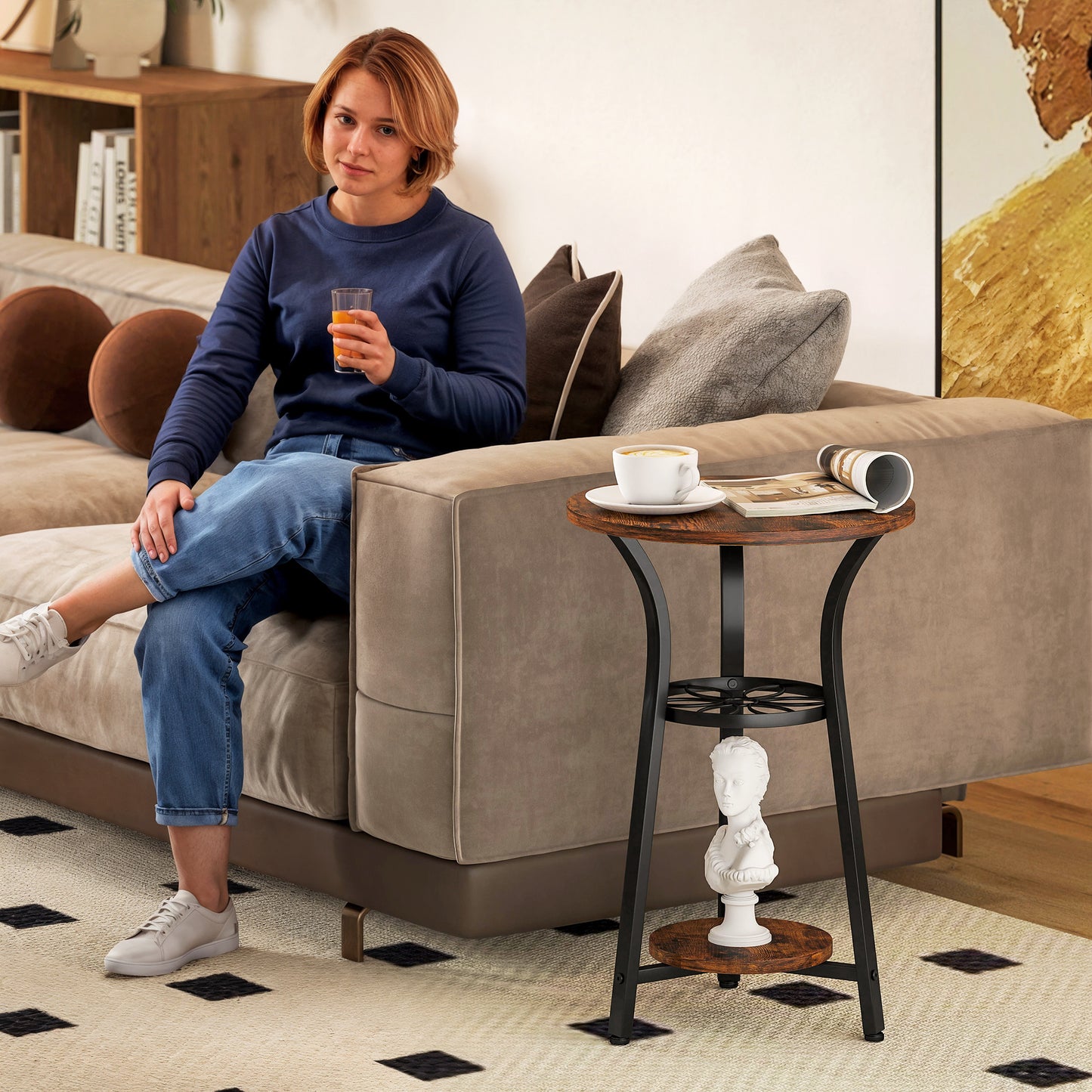 HOMCOM Small Round Side Table with 3 Storage Shelves - Rustic Brown