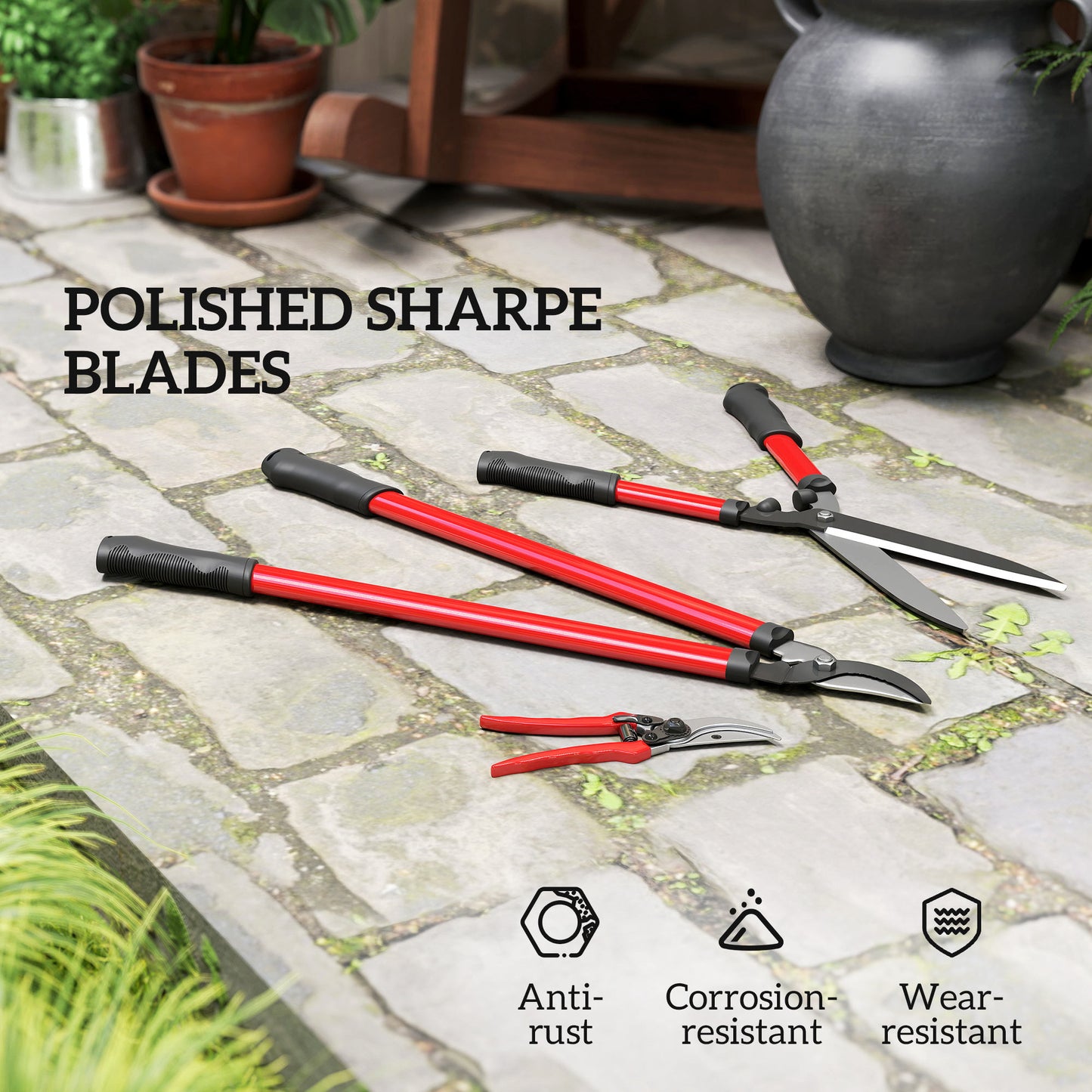 Outsunny 3 Pcs Garden Shears Set with Hedge Shears, Lopper, Garden Secateurs, Lightweight and Compact, Tree Shrub Care Kit for Pruning with Soft Grip Handle