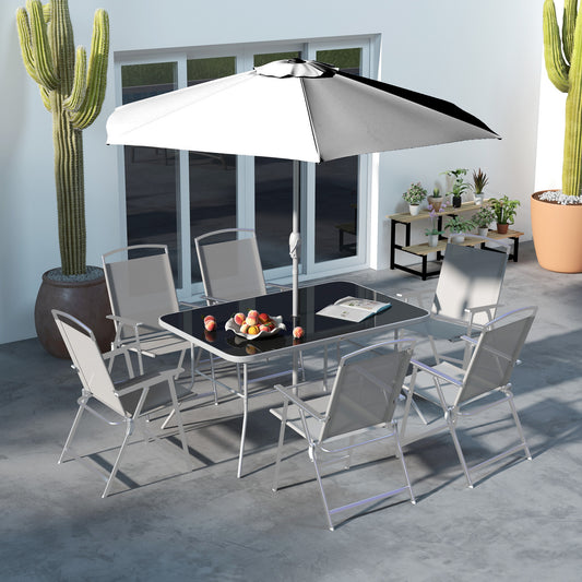 Outsunny Eight-Piece Garden Dining Set, with Chairs, Table and Parasol - Grey