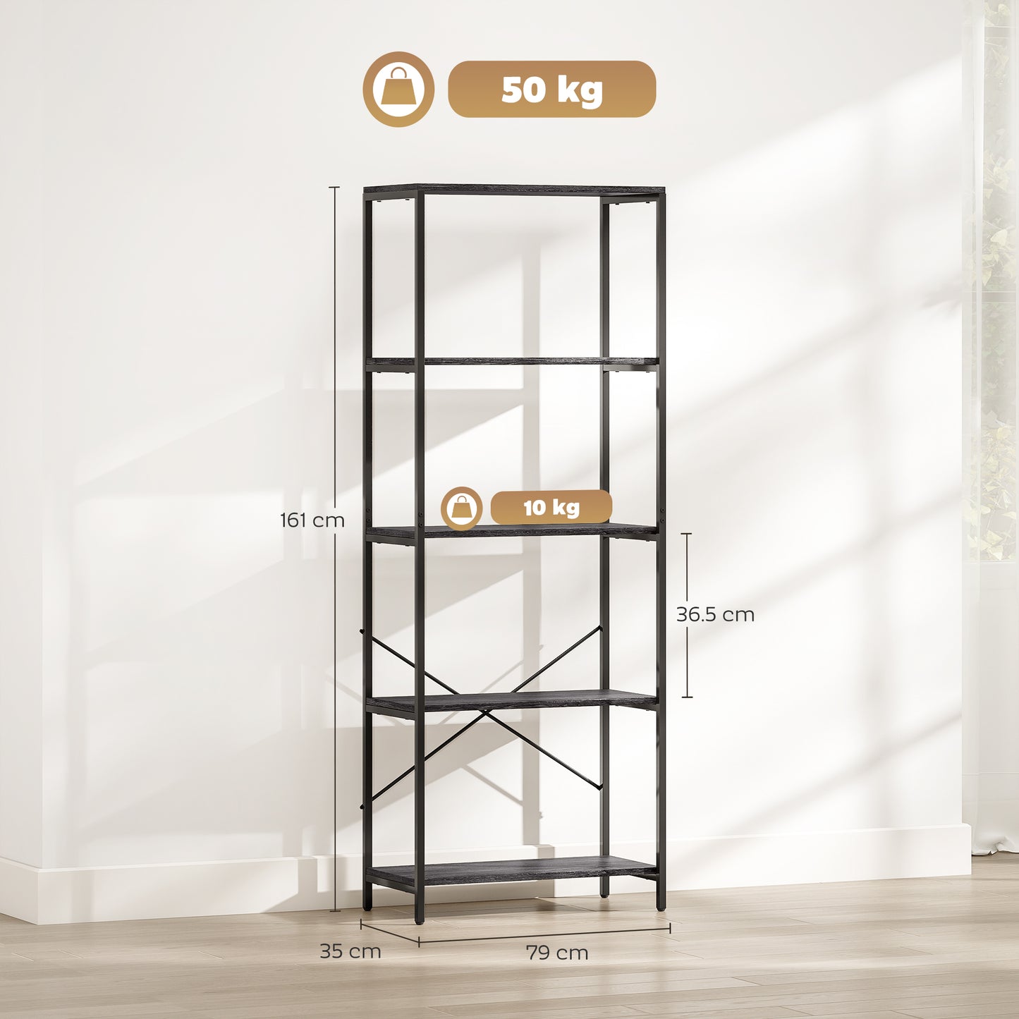 HOMCOM 5-Tier Bookshelf, Industrial Bookcase with Metal Frame - Dark Grey and Black