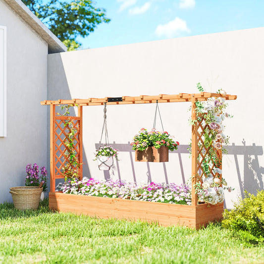Outsunny Raised Planter with Trellis, Wooden Raised Bed with Hanging Roof and Drainage Holes for Garden, Natural