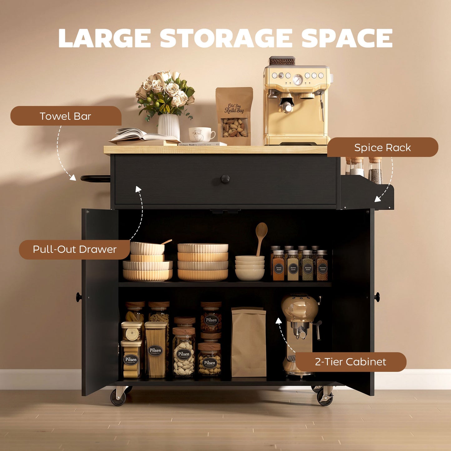 HOMCOM Kitchen Island with Drop Leaf, Rolling Kitchen Storage Trolley on Wheels with Drawer, Spice Rack and Towel Rack, Black