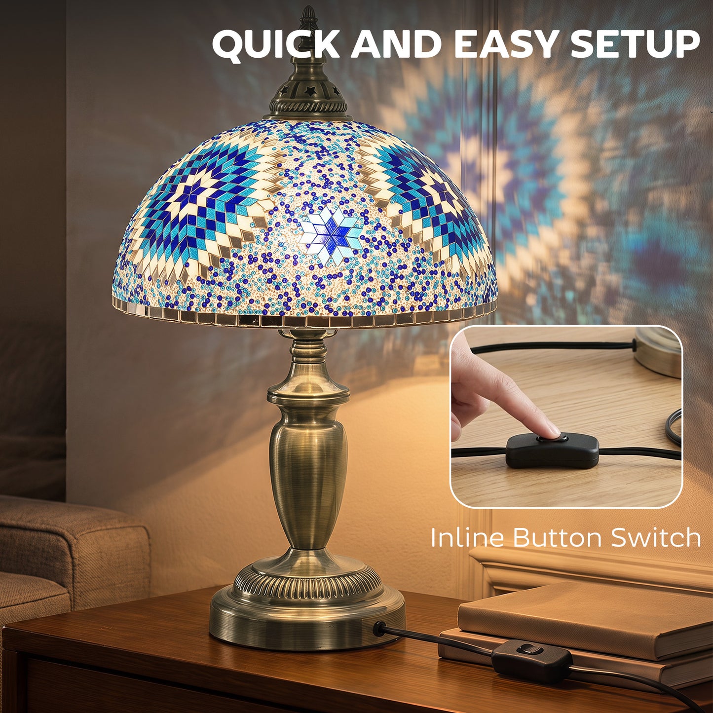 HOMCOM Tiffany Lamp, Stained Glass Bedside Table Lamp with Button Switch and Metal Base, 12 x 12 x 20 Inches, Blue
