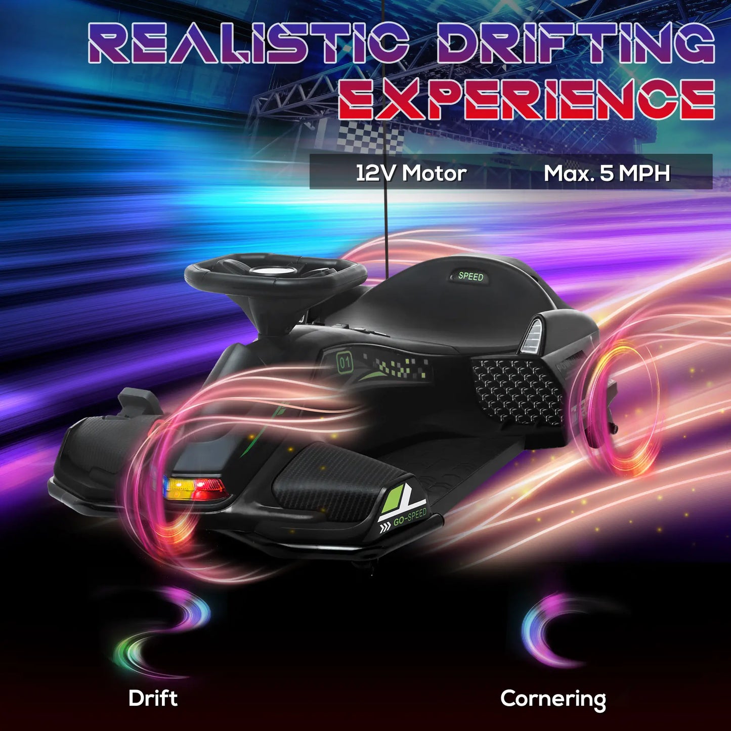 12V Kids Electric Drift Go Kart with Music, LED Lights, Slow Start, Black