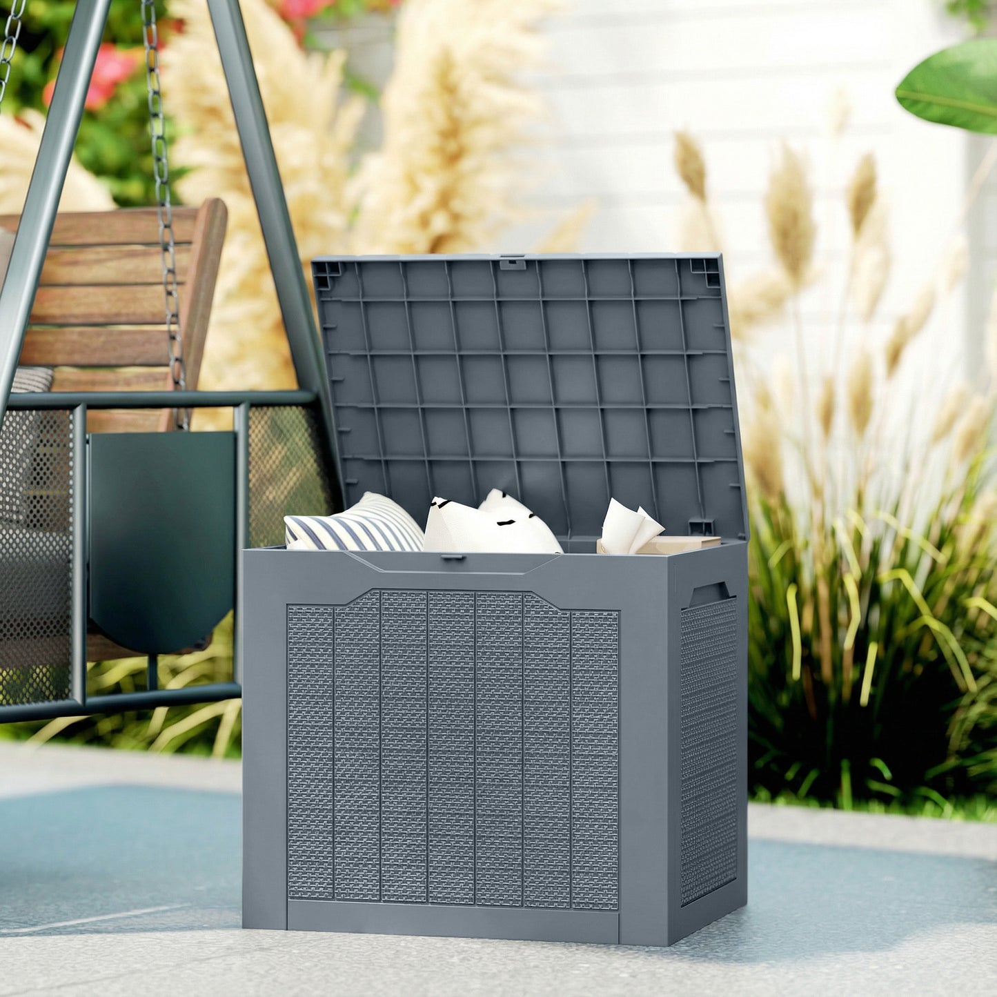 Outsunny 97L Plastic Garden Storage Box, Outdoor Storage Box with Handles, Waterproof Outdoor Storage Container, Light Grey