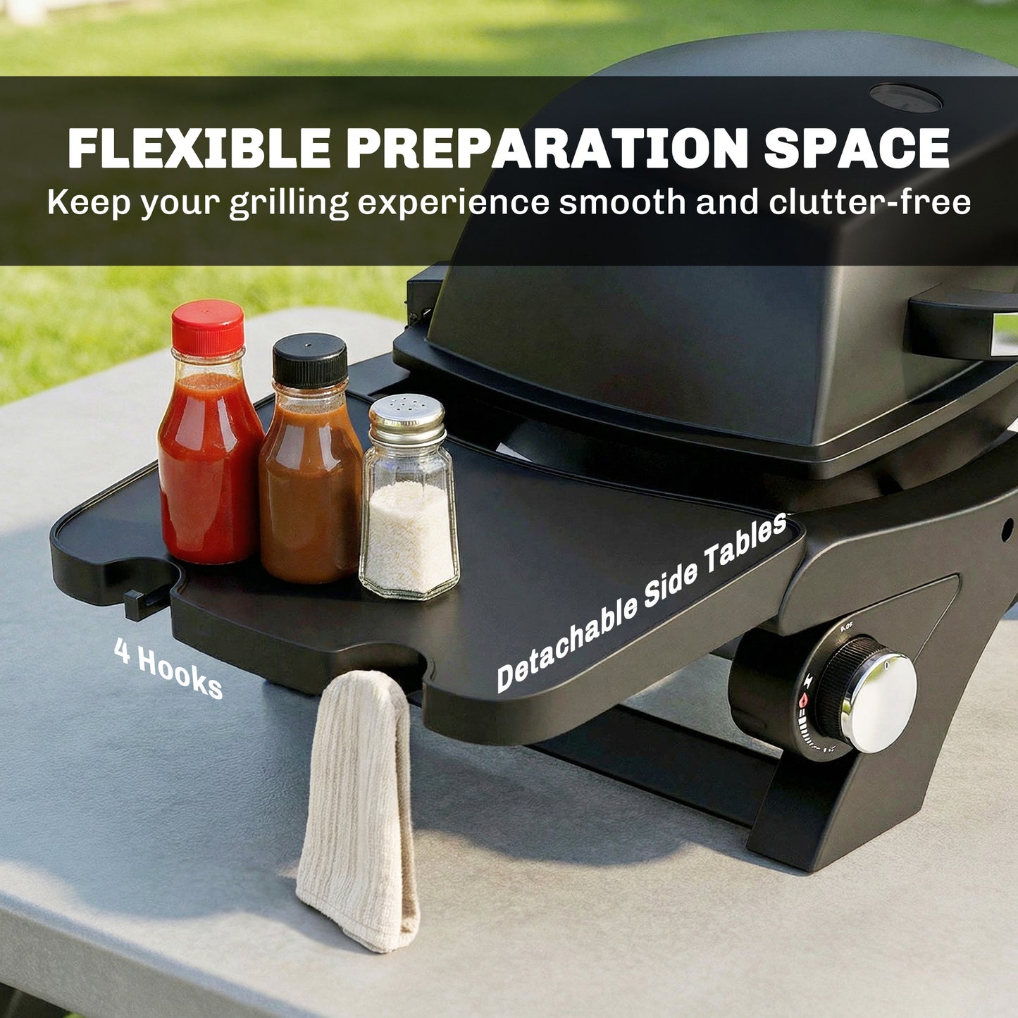 Outsunny 2 Burner Gas Grill with 2 Detachable Side Tables, 3.8 KW Steel Barbecue Grill with Cast Iron Grates, Lid, Thermometer