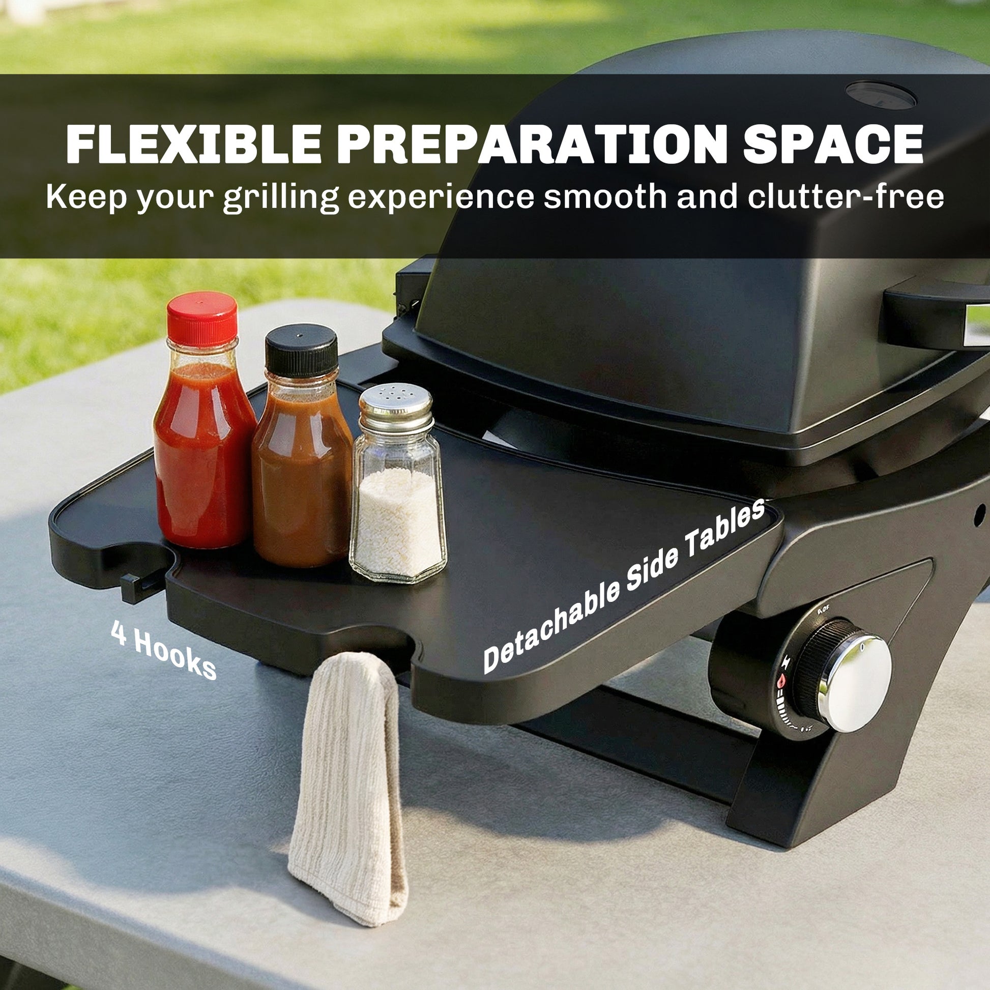 Outsunny 2 Burner Gas Grill with 2 Detachable Side Tables, 3.8 KW Steel Barbecue Grill with Cast Iron Grates, Lid, Thermometer