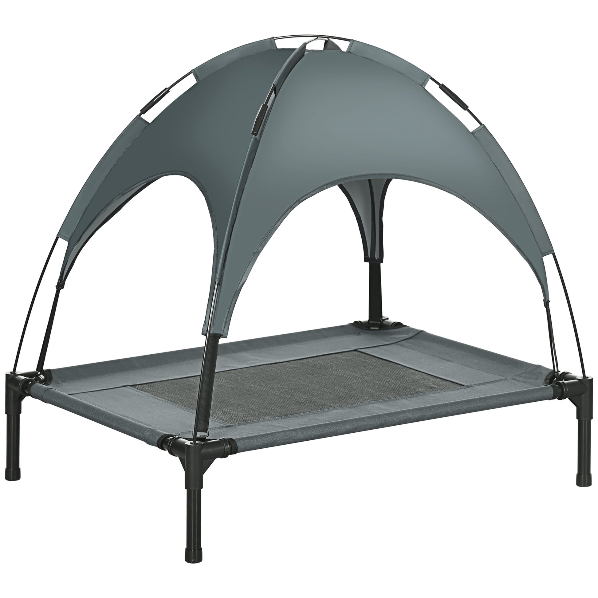 PawHut Outdoor Dog Bed with Removable Canopy, Portable Raised Dog Bed for Camping, Garden & Beach, Water-Resistant UV-Protection Mesh Pet Cot Sun Lounger, for Medium Pets, 76 x 61 x 73 cm, Grey