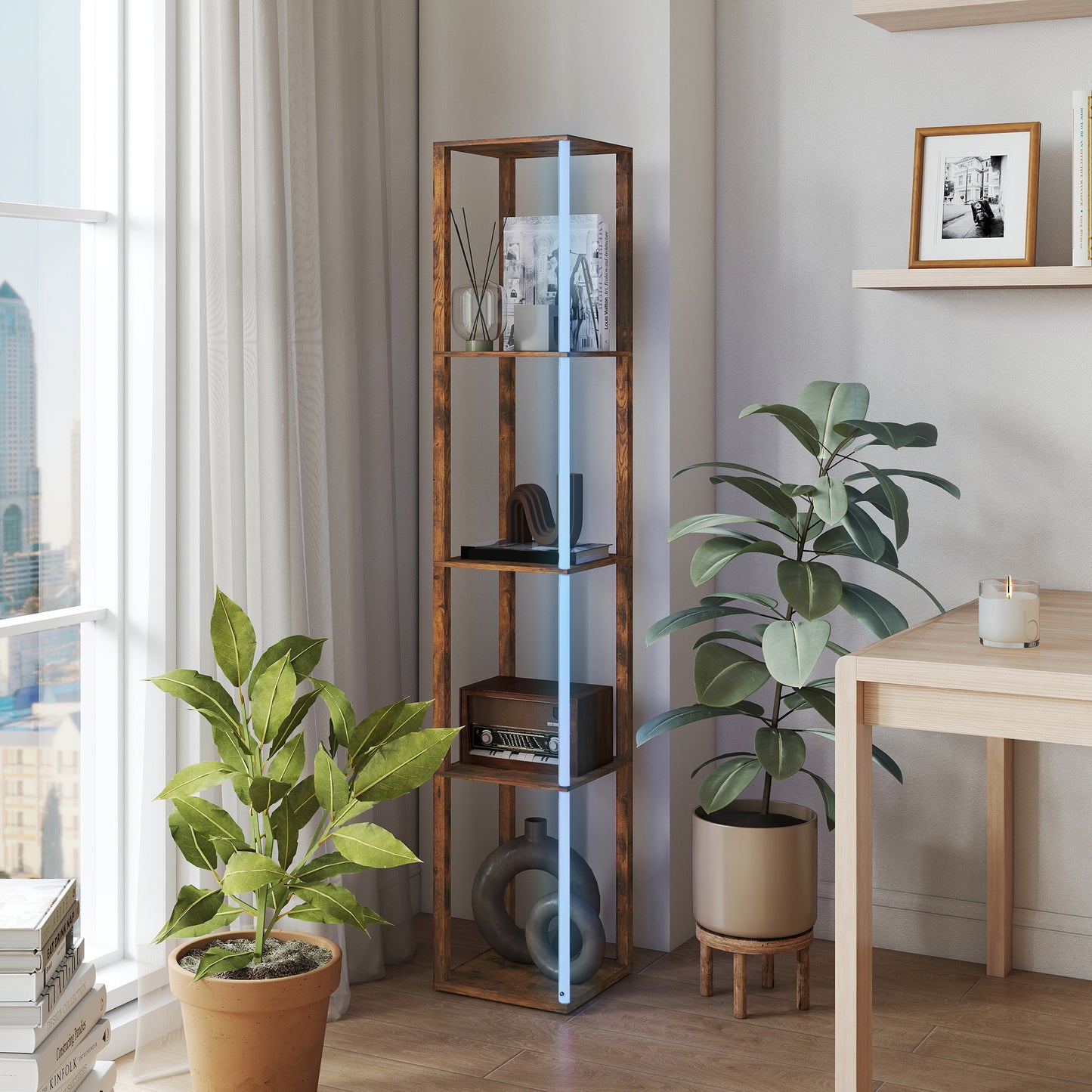 HOMCOM RGB LED Floor Lamp with Shelves, Modern Dimmable Standing Lamp with Remote Control, Adjustable Brightness & Speed for Living Room, Bedroom, Office, Rustic Brown