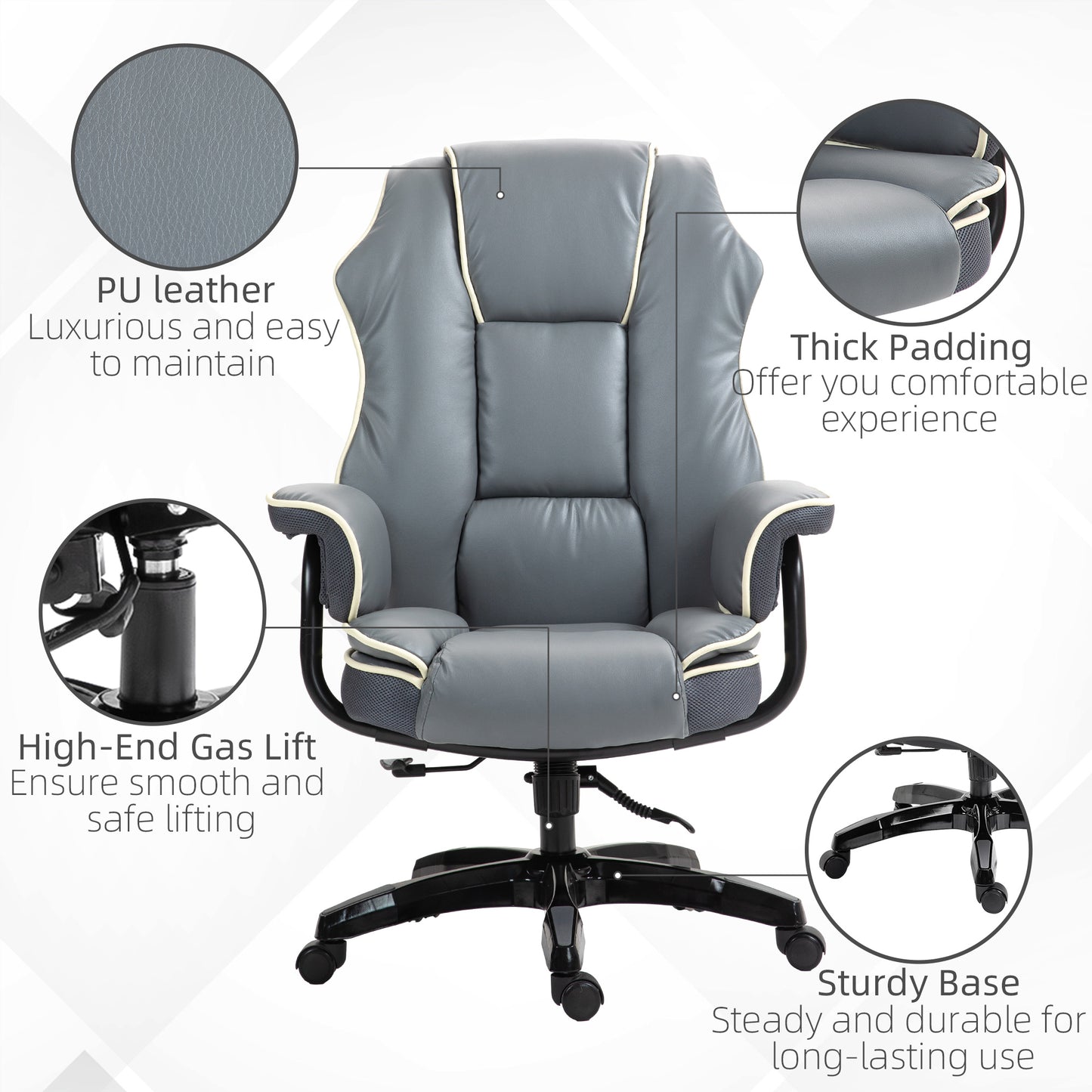 Vinsetto Faux Leather Executive Office Chair, with Contrast Piping - Grey/White