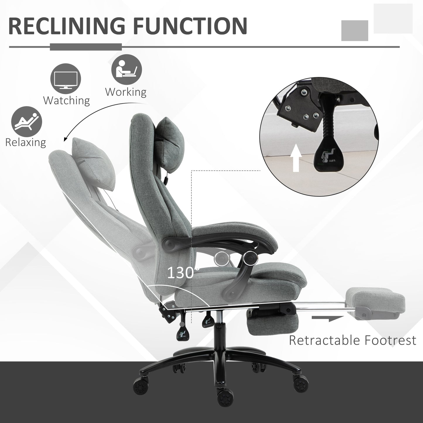 Vinsetto Office Chair, Fabric Desk Chair with Adjustable Massage Pillow, USB Power and Retractable Footrest, High Back, 360Â° Swivel, for Home, Grey