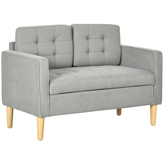 HOMCOM 2 Seater Storage Sofa, Fabric Couch with Hidden Under Seat Storage, Thick Cushions, Compact Space Saving Settee with Rubberwood Legs for Living Room, Apartment, Light Grey