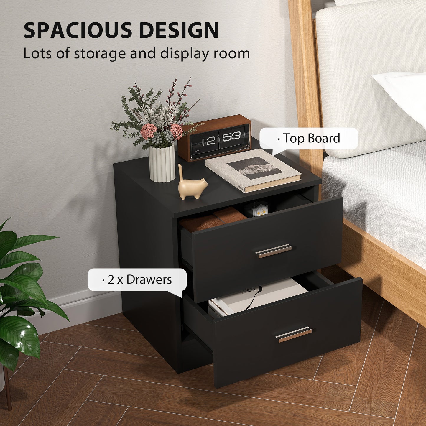HOMCOM Modern Bedside Table, Beside Cabinet with 2 Drawers, for Bedroom, Living Room, Black