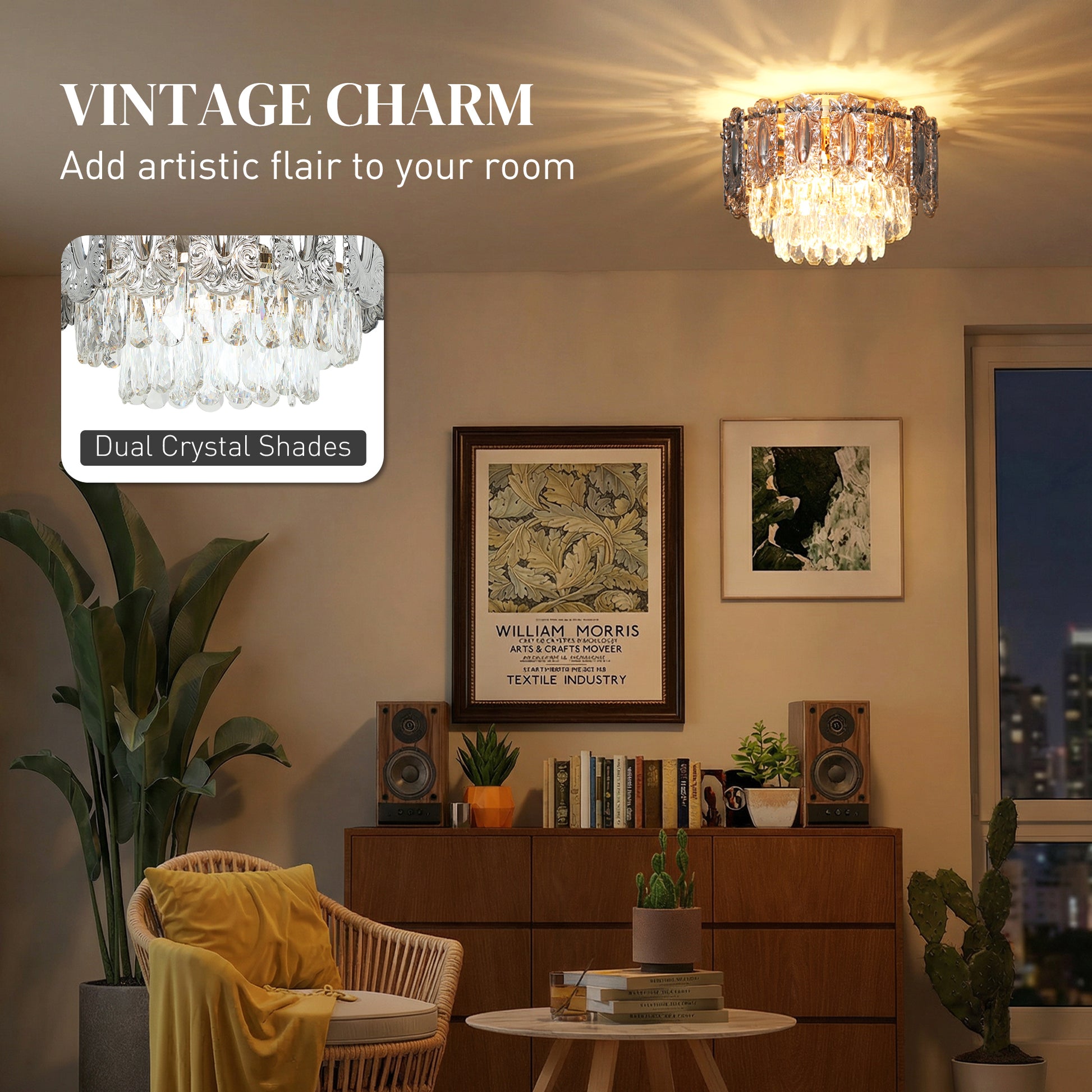 HOMCOM Chandelier Ceiling Light, 3-Light Vintage Flush Mount Fixture with Dual Crystal and Smoke Glass Shade, LED Ceiling Light for Living Room Bedroom, 3 E14 Sockets, Bulbs Not Included, Gold Tone