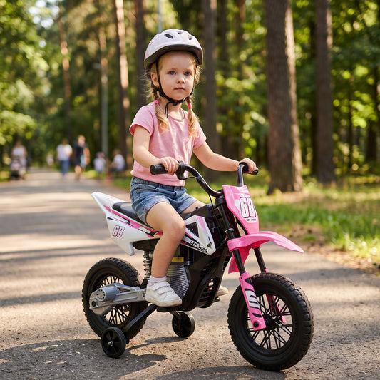 AIYAPLAY Kids Electric Motorcycle, 12V Ride On Motorbike with Training Wheels, Soft Start, Suspension, Music for 3â€“6 Years, Pink
