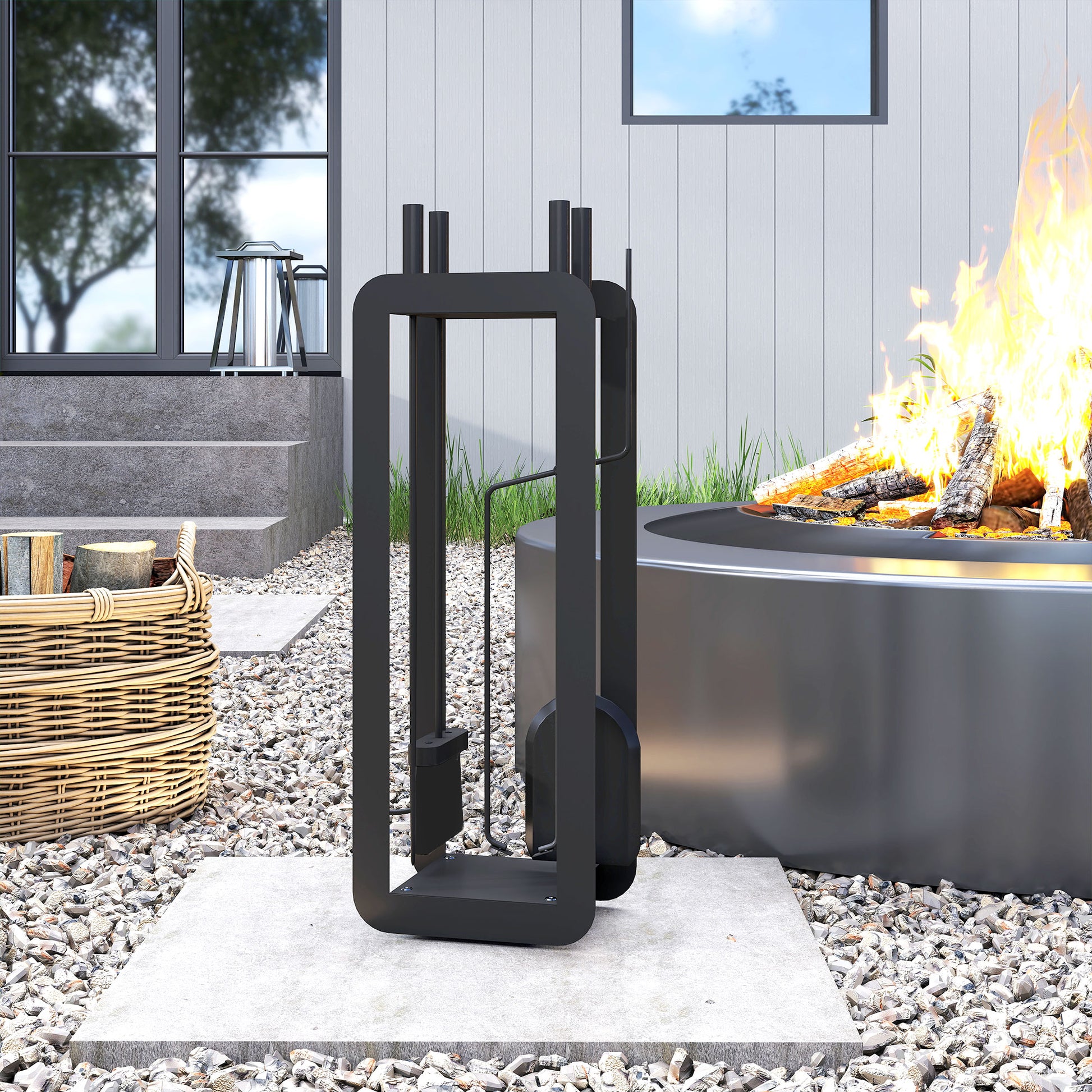 Outsunny 5 Pieces Fireplace Companion Set, Metal Fireplace Accessories Fireside Companion Set with Brush, Shovel, Poker, A Pair of Tongs, Stand, Black