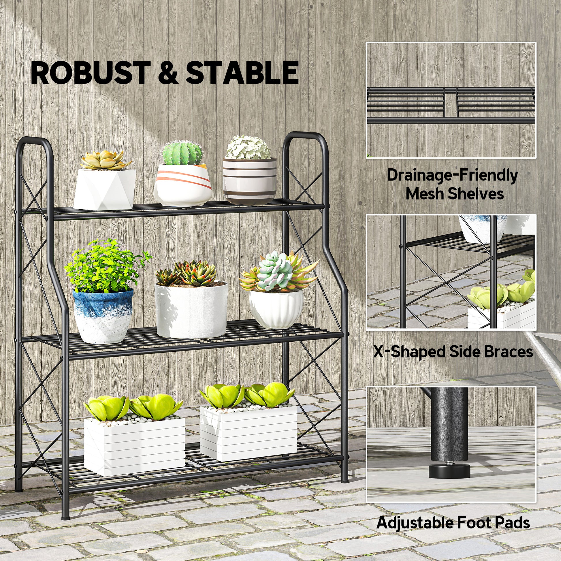 Outsunny 3-Tier Metal Plant Stand, Heavy Duty Ladder Shelf Potted Plants Display Rack, Indoor Outdoor Flower Pot Holder