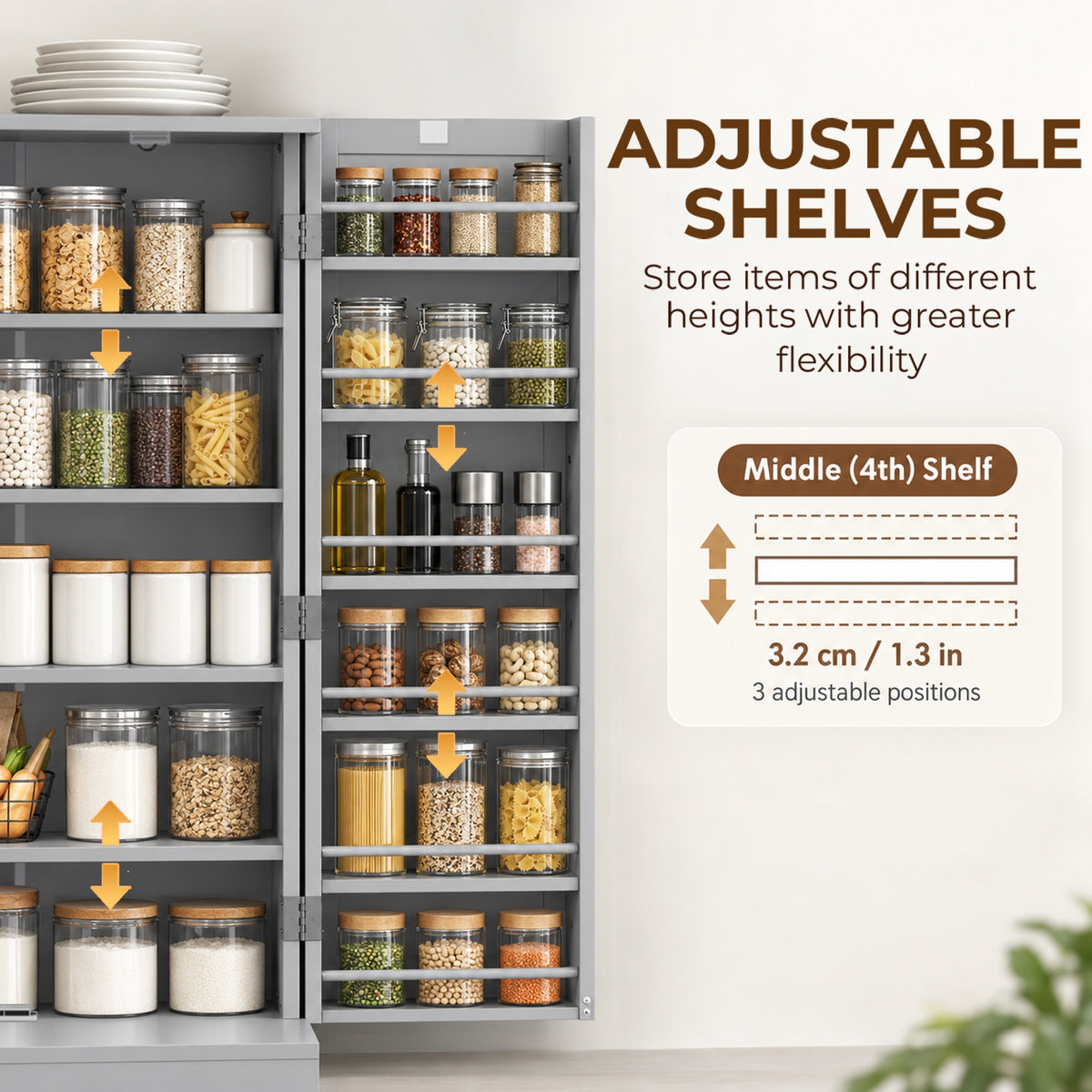 HOMCOM Kitchen Cupboard, Freestanding Multi-Storage Kitchen Pantry Cabinet with Adjustable Shelves, Grey
