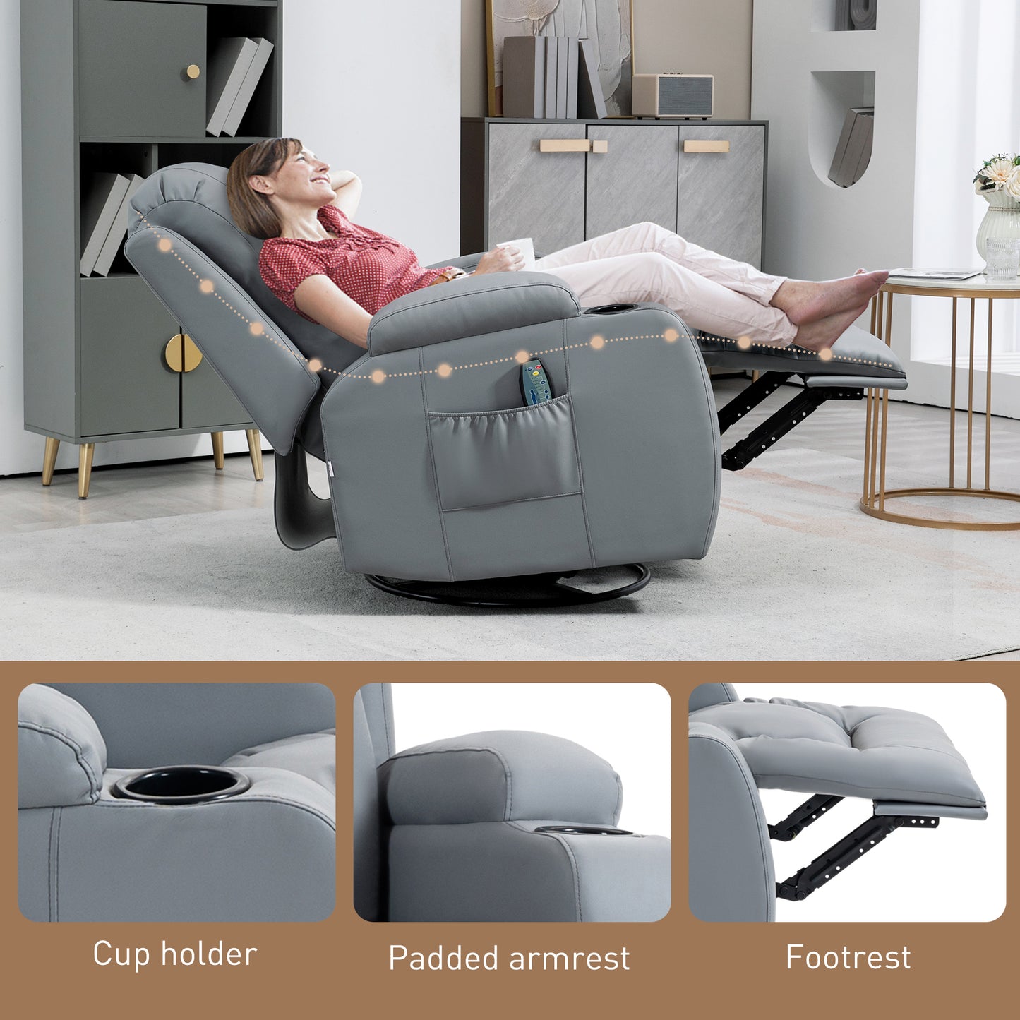 HOMCOM Massage Recliner Chair with 8 Vibration & Heat, PU Leather Recliner Armchair with Cup Holders and Side Pockets, Manual Reclining Chair with Remote, 360Â° Swivel, Rocking, Light Grey