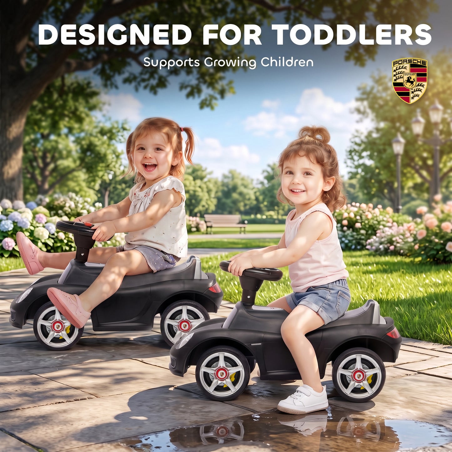 AIYAPLAY Ride on Car, Porsche Licensed Toddler Push Car with Horn, Headlights, Sound and Steering Wheel for 18-36 Months, Matte Black