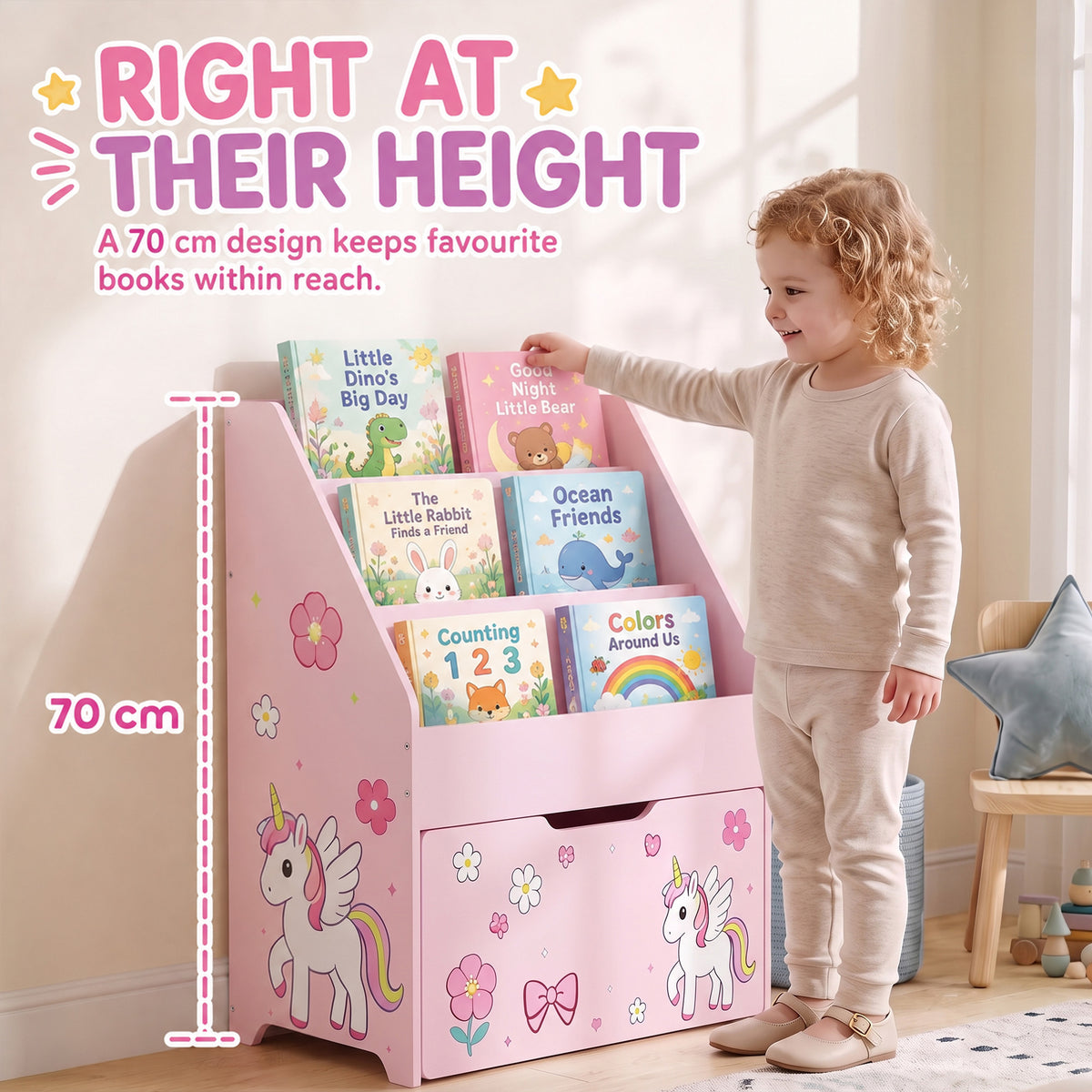 AIYAPLAY Kids Bookshelf, Montessori Inspired Childrens Bookcase with Moveable Drawer, 3-Tier Bookshelf for 3-8 Years, Pink