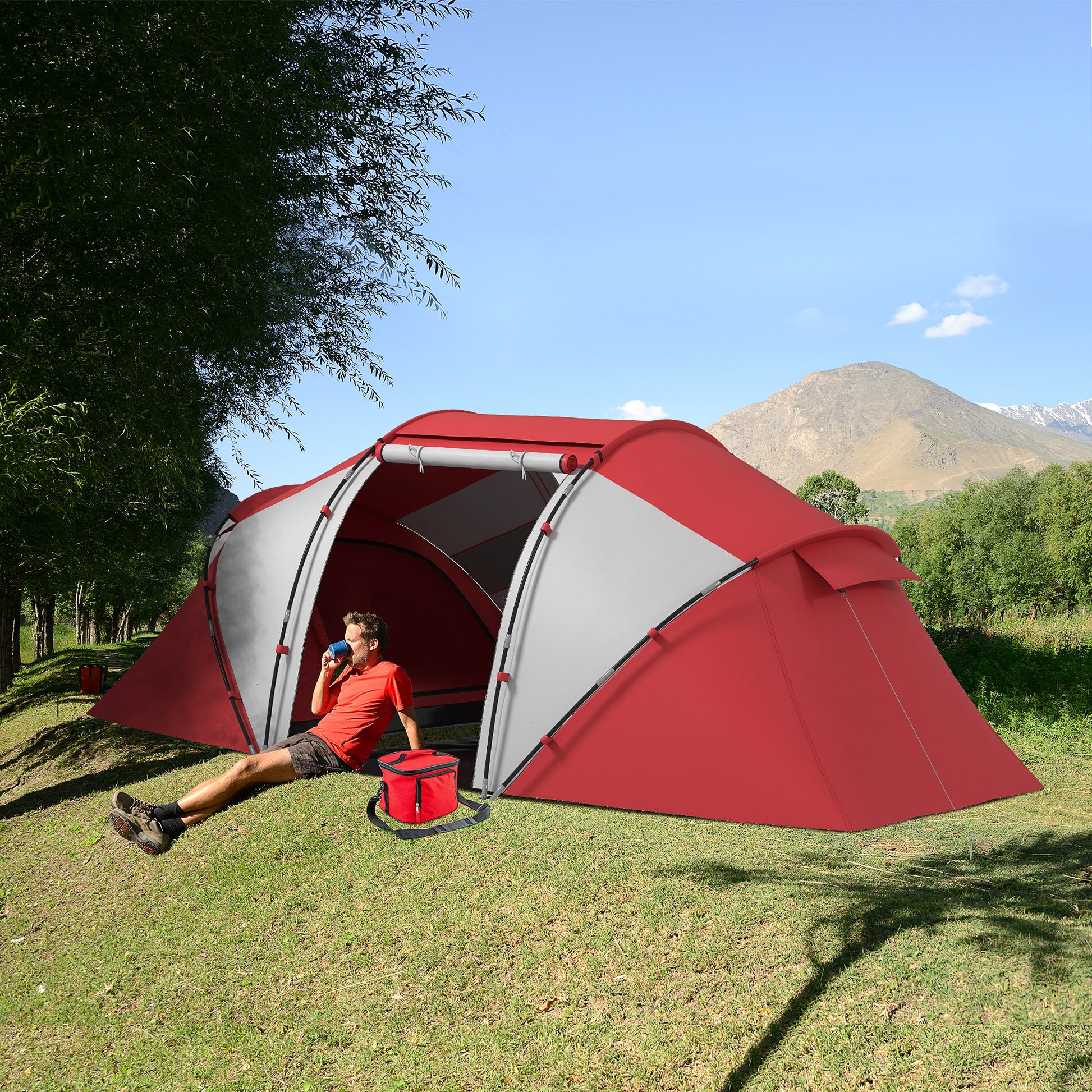 Outsunny 4 Man UV Protection Camping Tent - Grey and Red