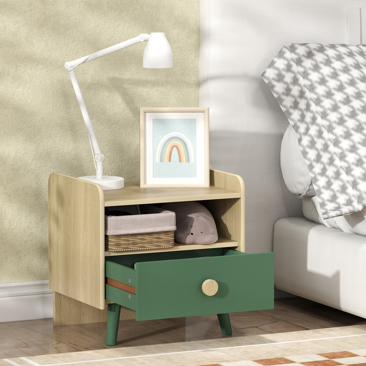 AIYAPLAY Kids Bedside Table with Drawer and Open Storage Shelf, Wooden Nightstand for Bedroom, Bedside Cabinet, Green