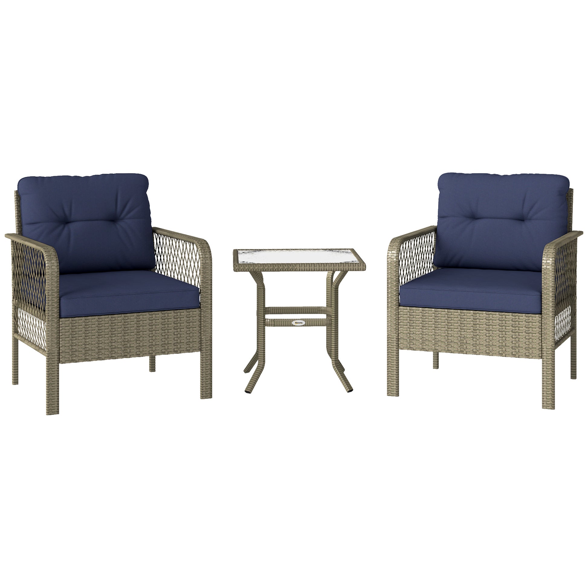 Outsunny 3 Pieces Rattan Bistro Set with Glass Top Coffee Table, Chairs and Cushions for Outdoor, Patio, Balcony, Charcoal Grey