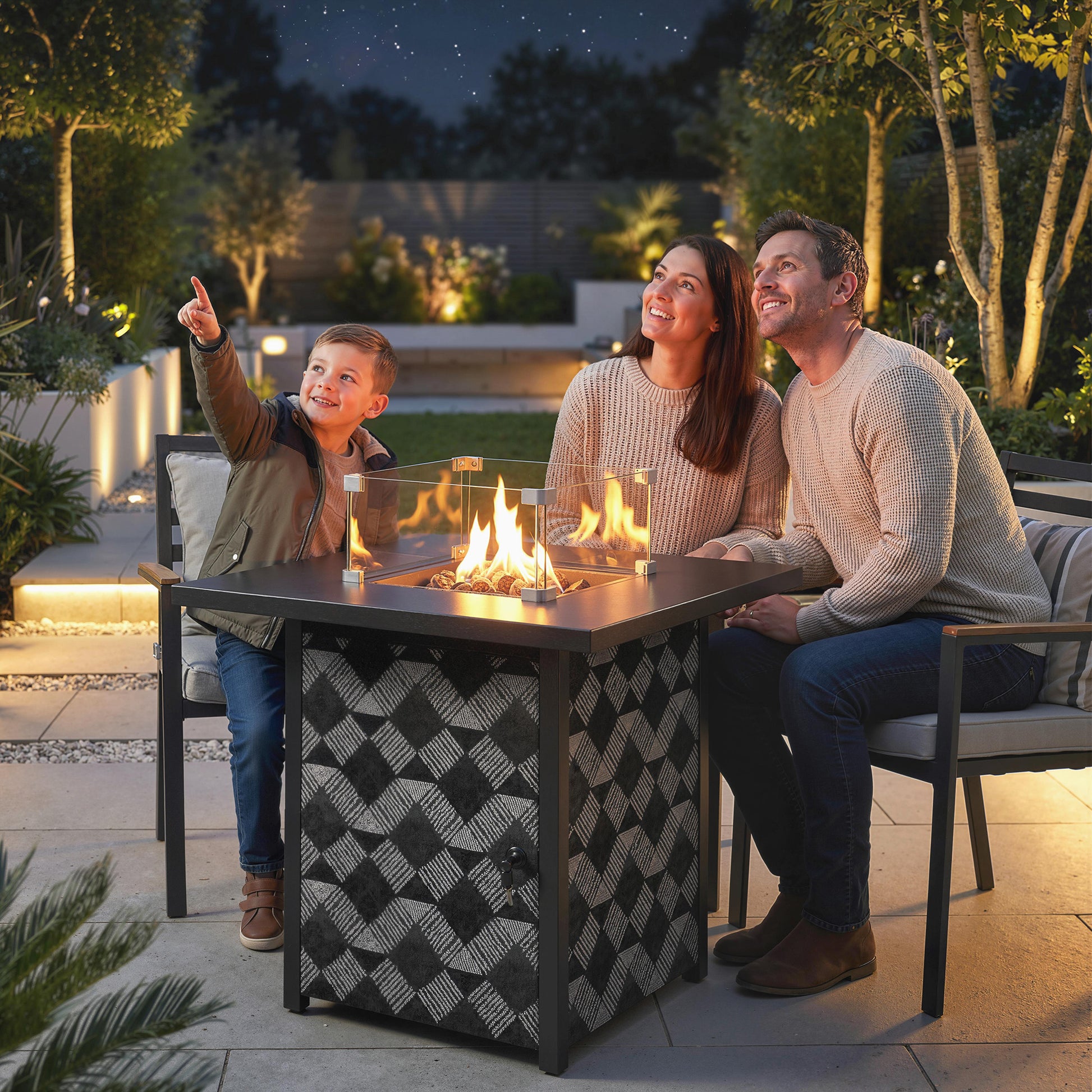 Outsunny Square Propane Gas Fire Pit Table, 12 KW Firepit with Glass Wind Guard, Lava Rocks, Gas Tank Holder